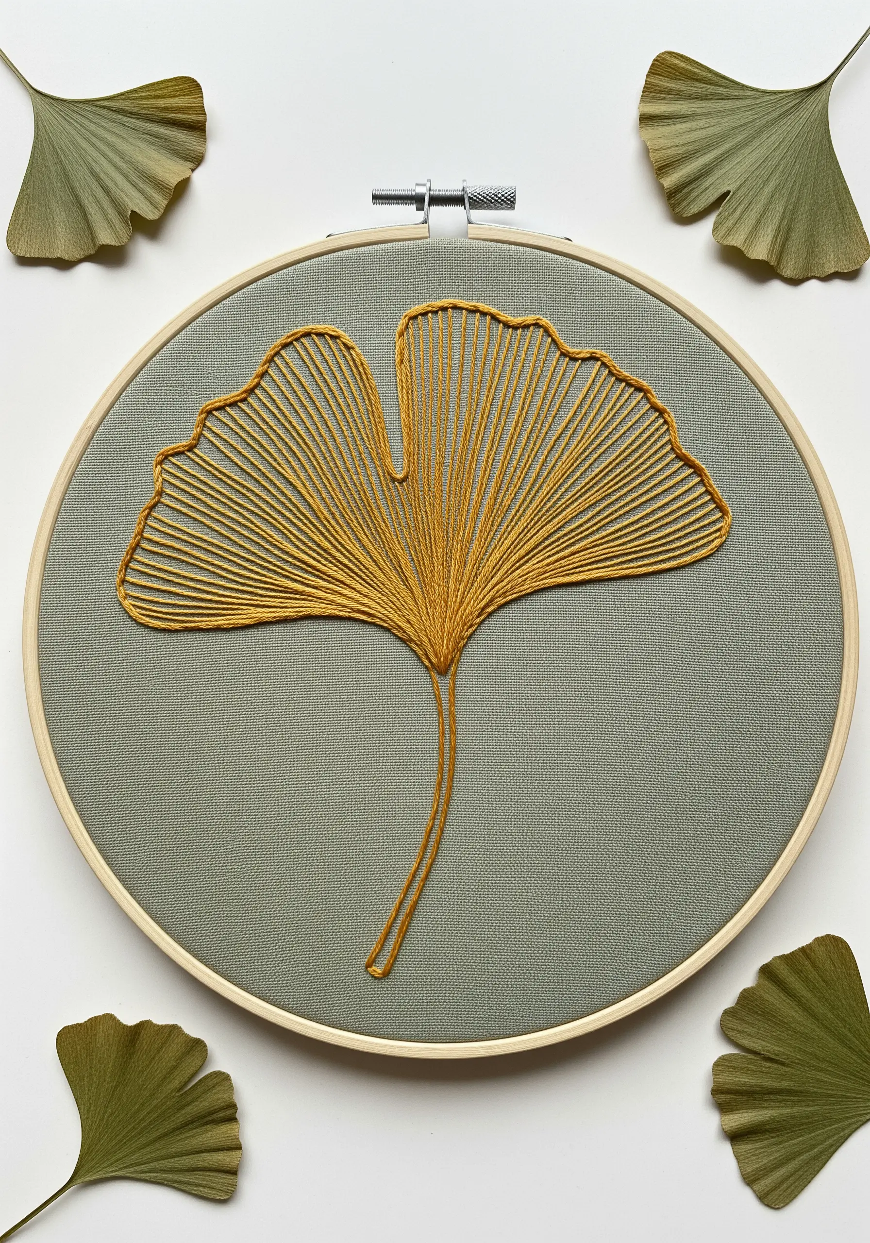 A golden-yellow ginkgo leaf made of radiating straight stitches on grey fabric.