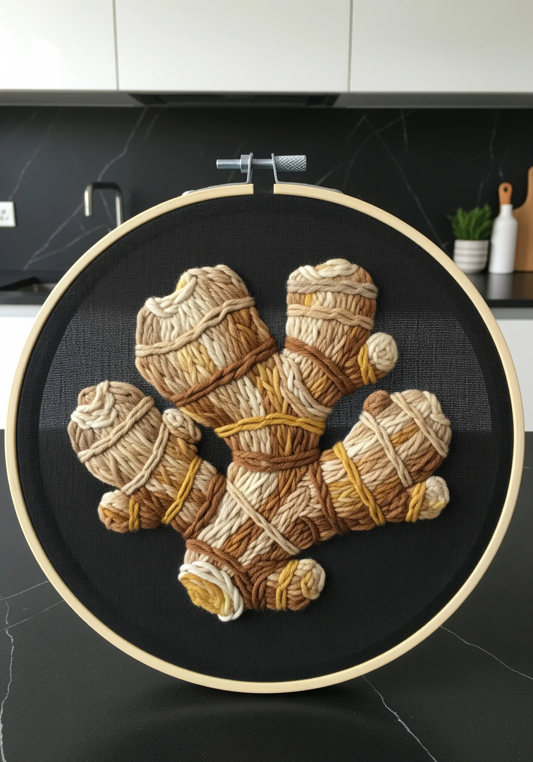 A sculptural embroidery of a ginger root using wrapped and couched thick threads.