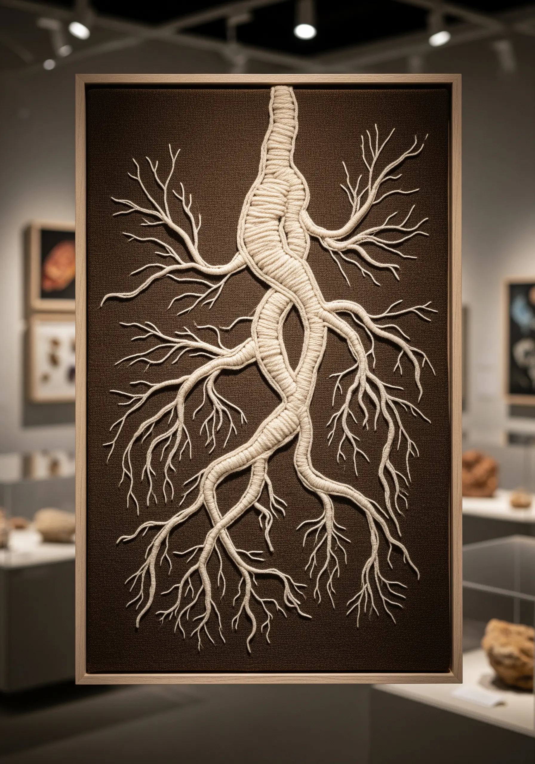 A large, sculptural embroidery of a ginseng root with a 3D, padded effect.