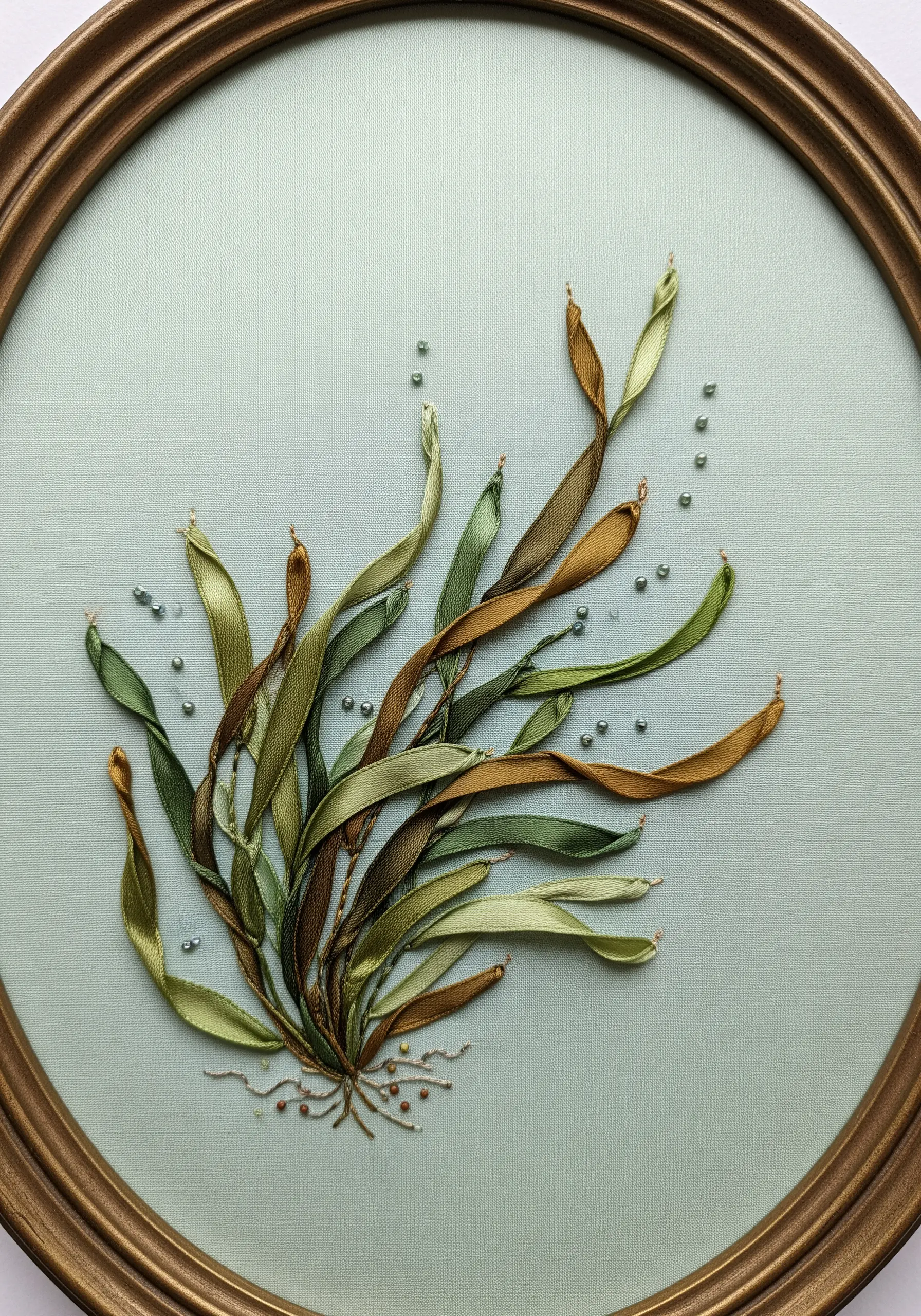 Embroidery of flowing seaweed created with twisted green and brown silk ribbons in a gold hoop.