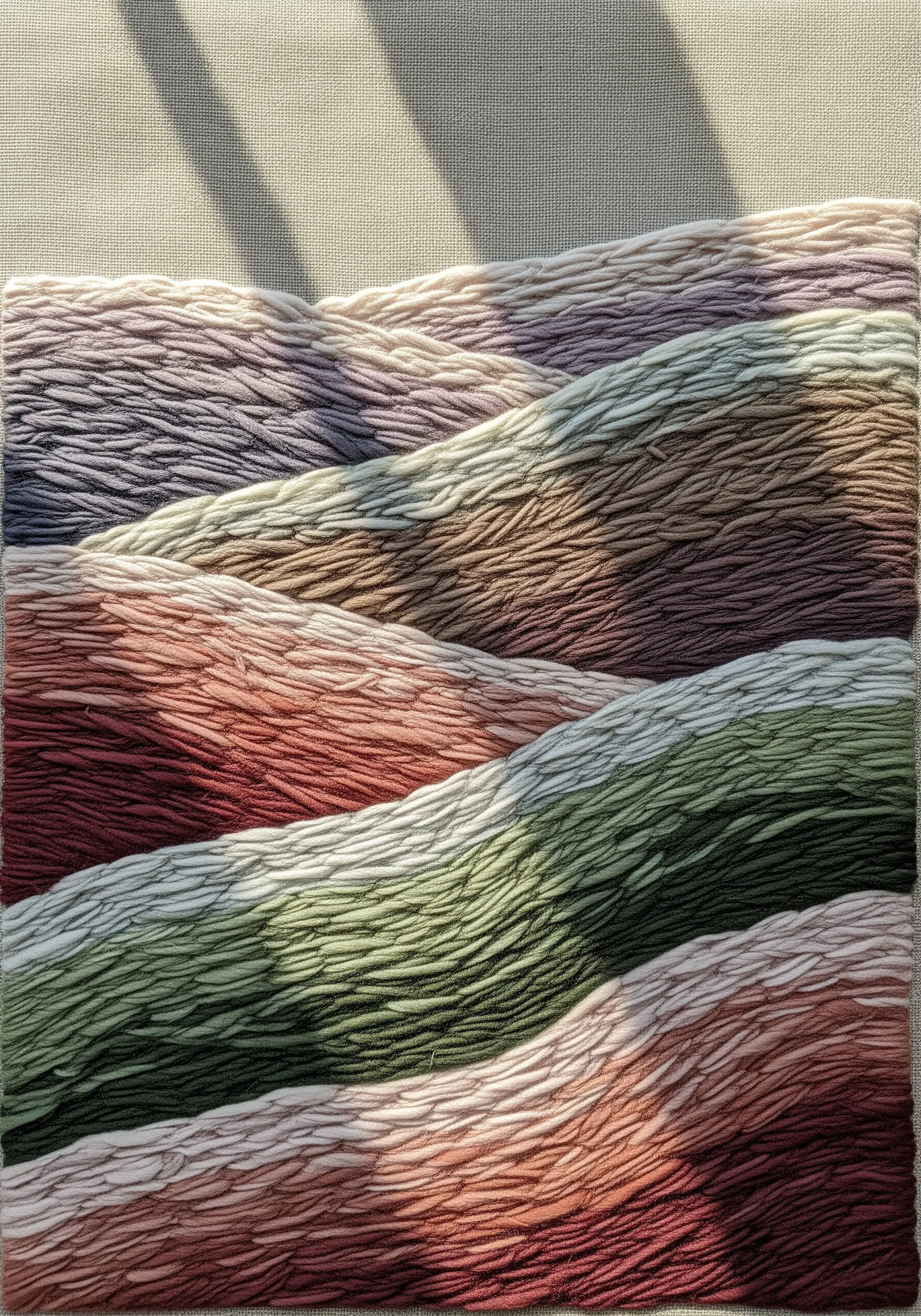Abstract rolling hills created with directional satin stitches in earthy, muted tones.
