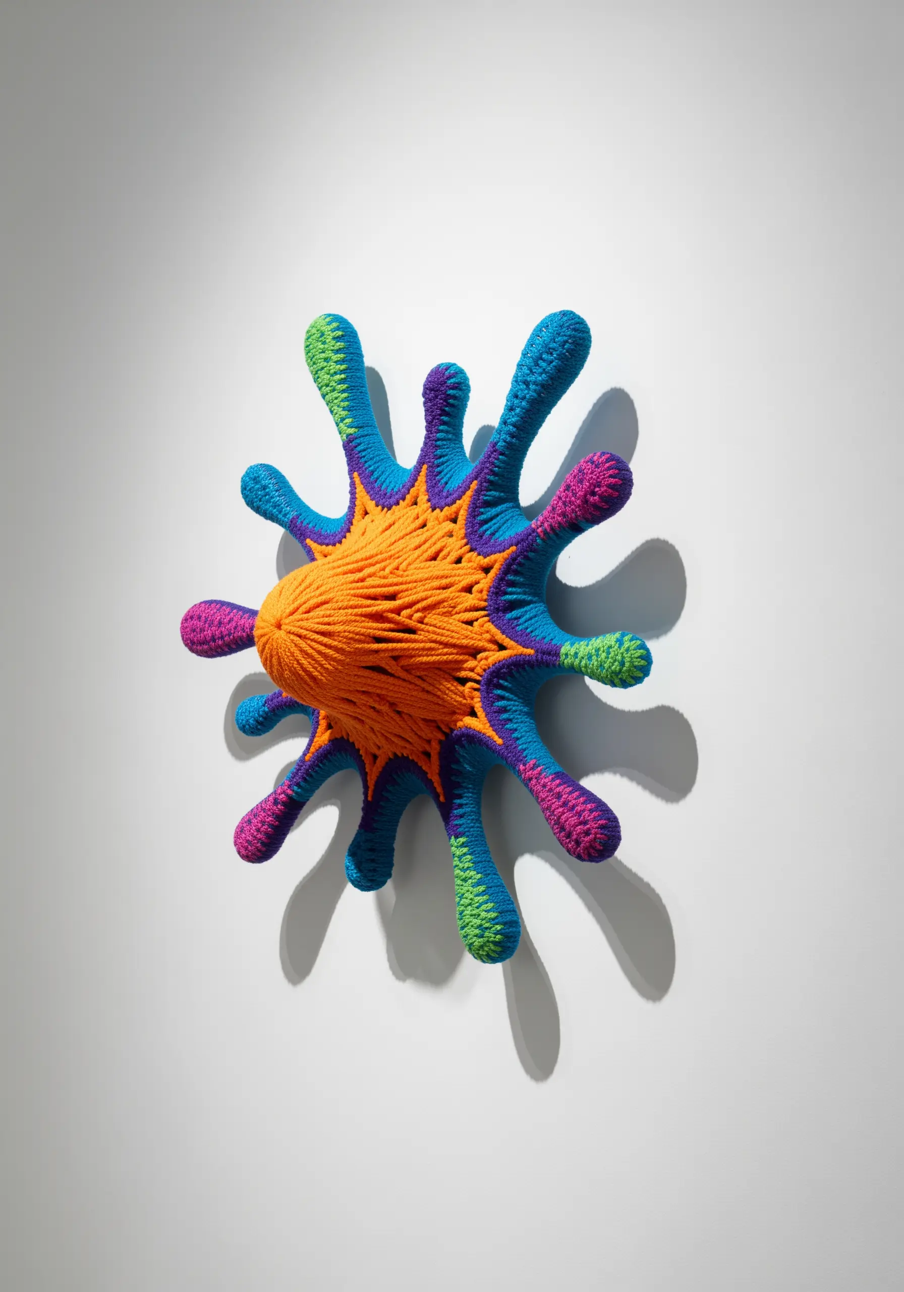 A brightly colored, abstract 3D sculpture made with crochet, mounted on a white wall.