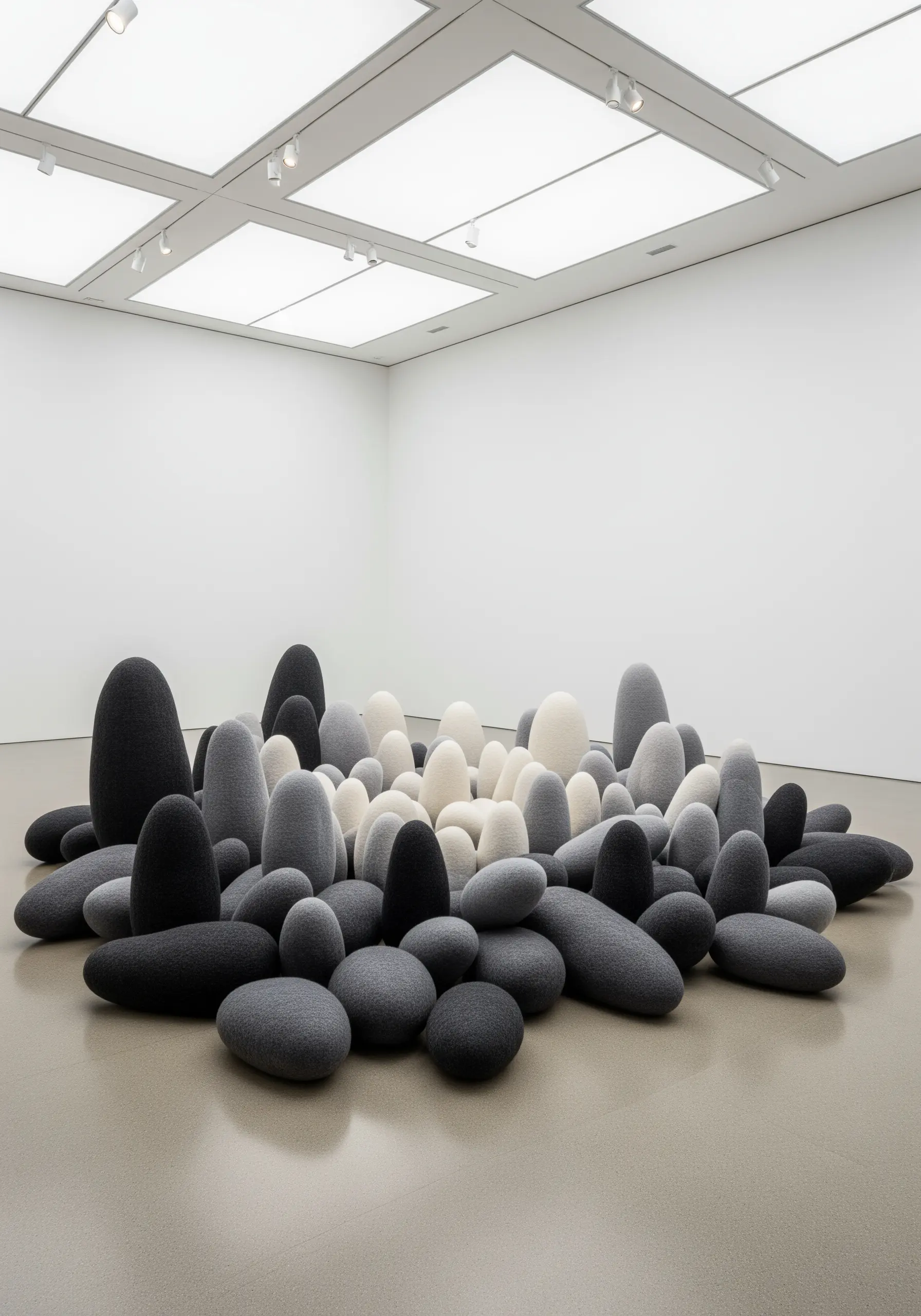 A collection of smooth, rounded fabric sculptures in shades of grey, resembling stones.