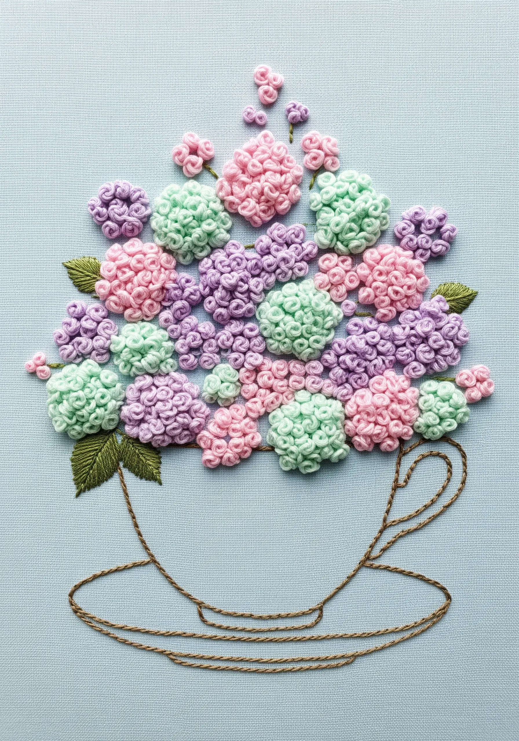 A teacup filled with pastel French knot clusters representing hydrangeas.