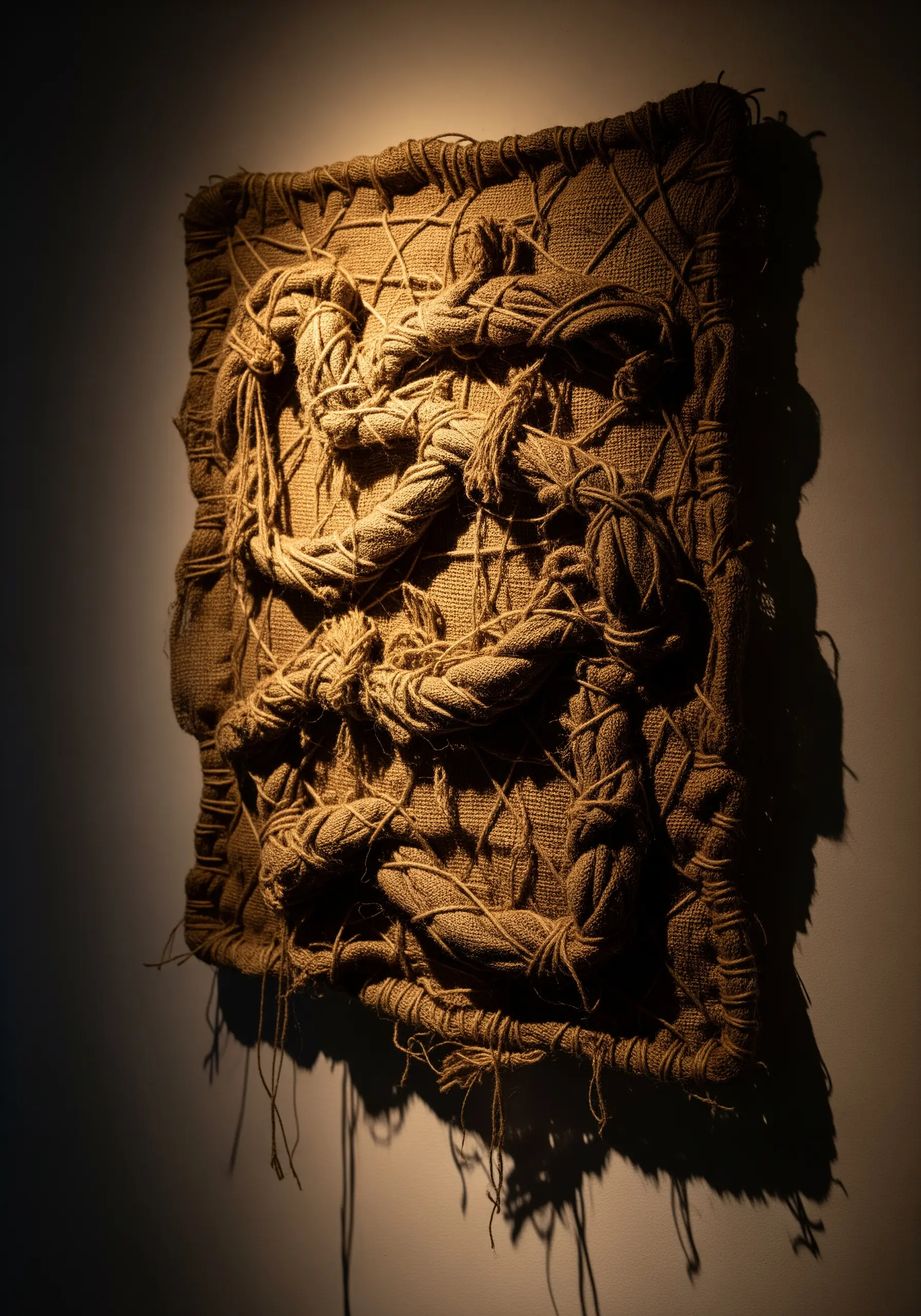 A dark, abstract wall sculpture made of stiffened and knotted burlap and rope.