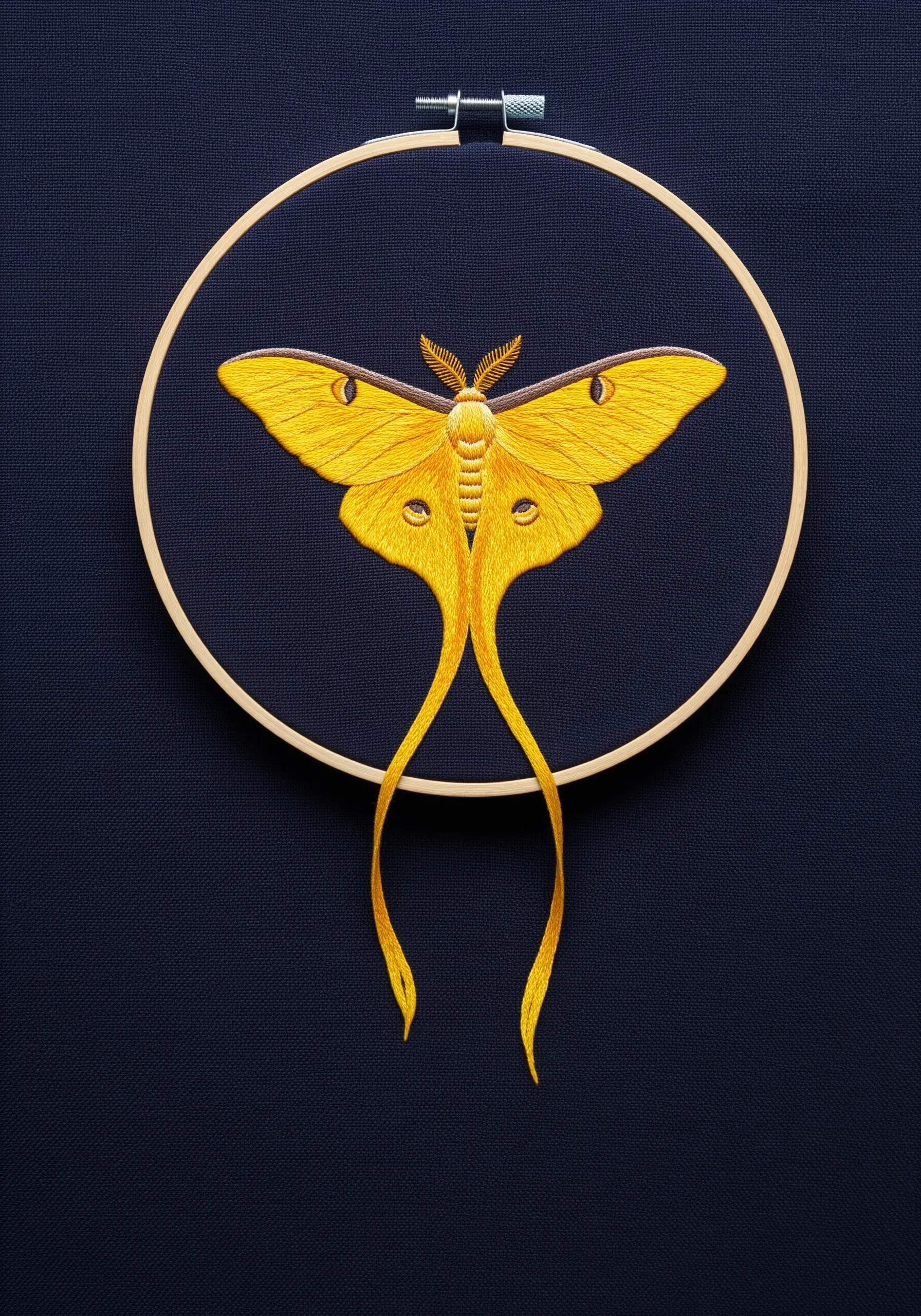 A striking yellow Comet moth with long tails embroidered on dark blue fabric.