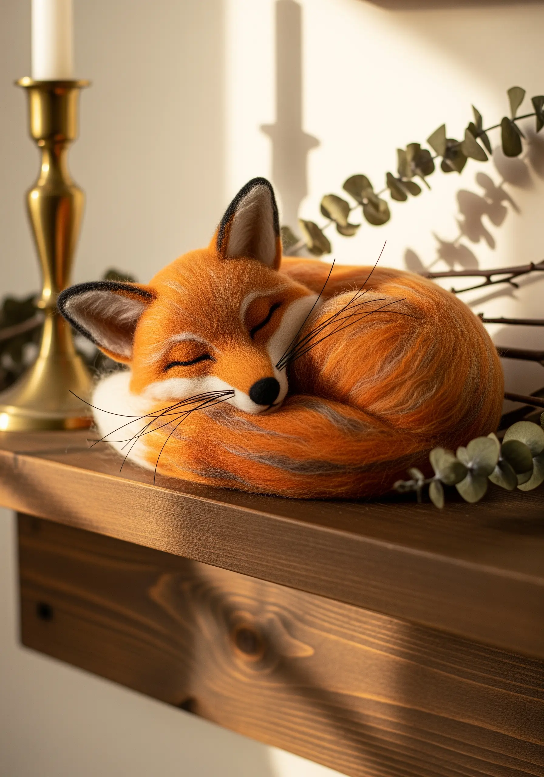 A lifelike needle-felted fox sculpture sleeping peacefully on a wooden shelf.