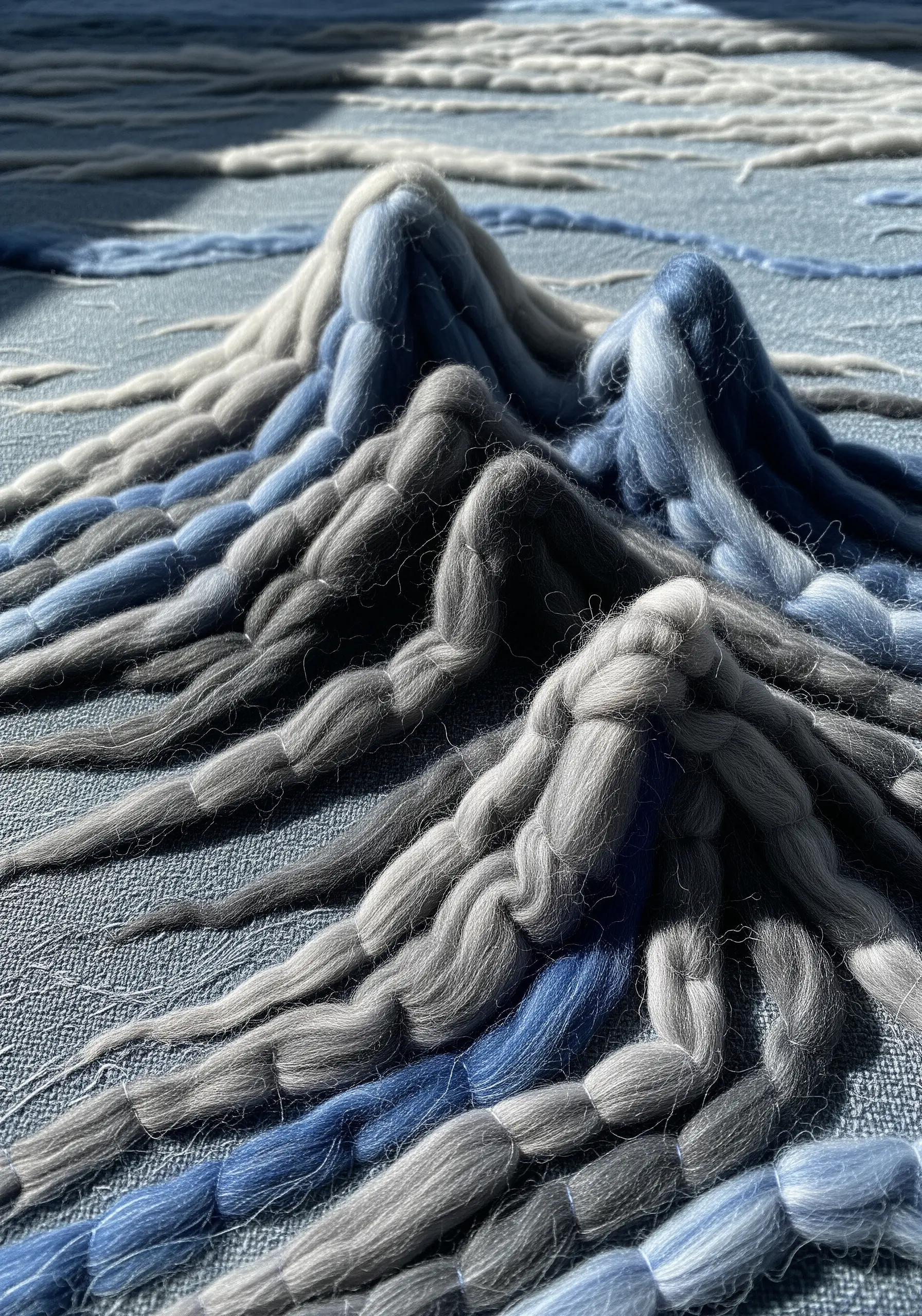 3D mountain landscape using heavy blue and grey wool roving
