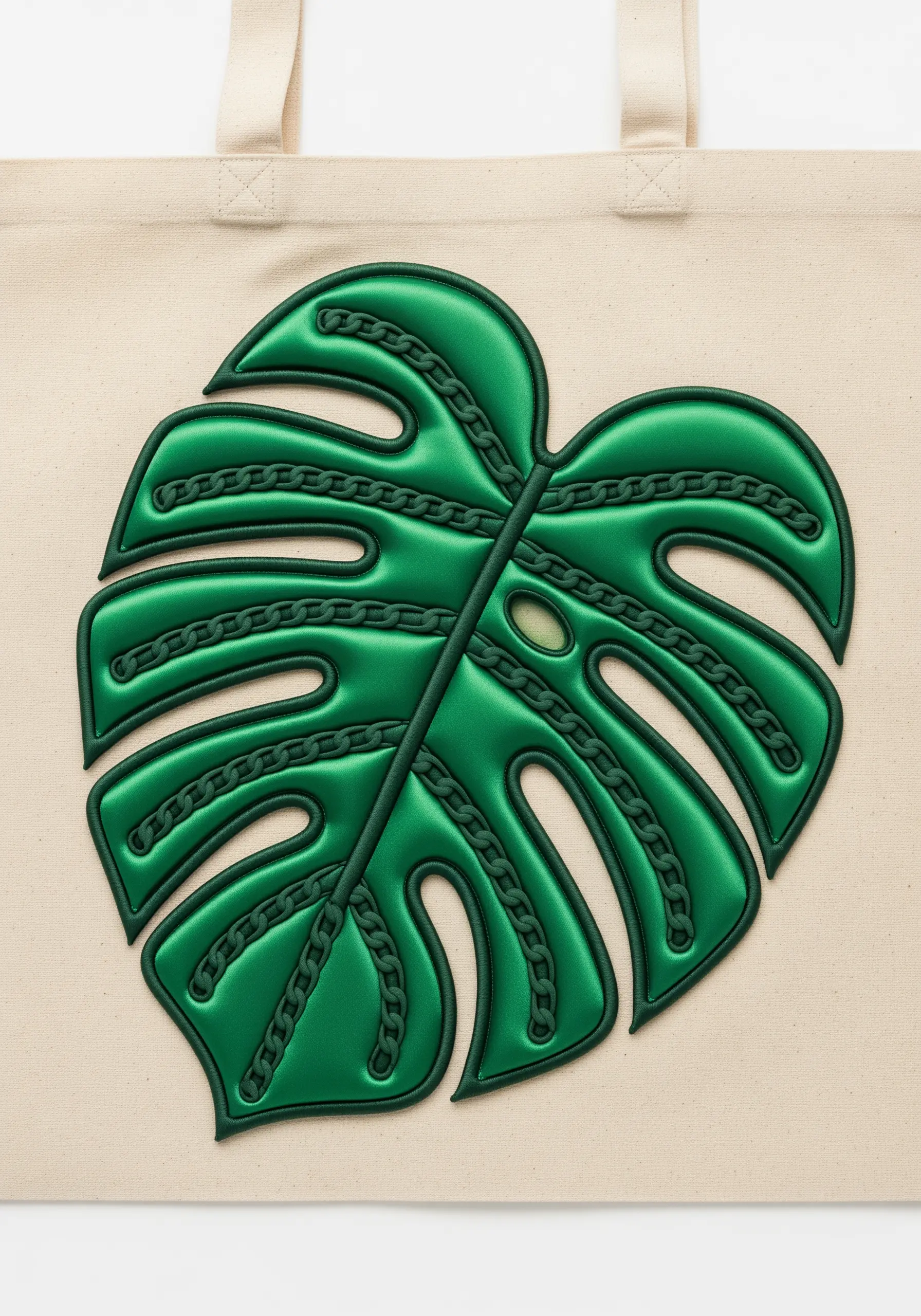 Raised 3D embroidery of a green monstera leaf on a canvas tote bag.