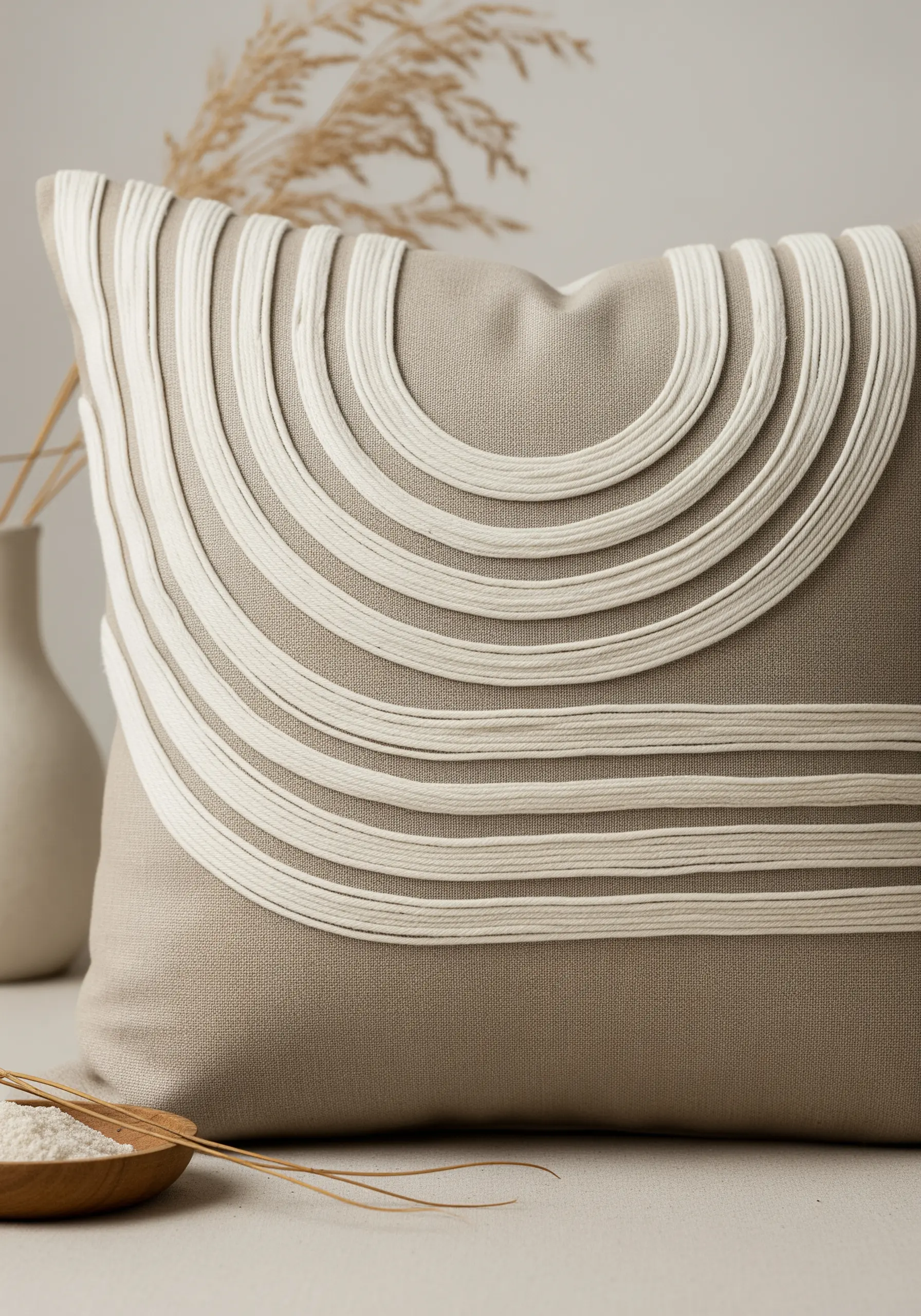 Raised, white concentric arcs with piped edges creating a sculptural design on a beige pillow.