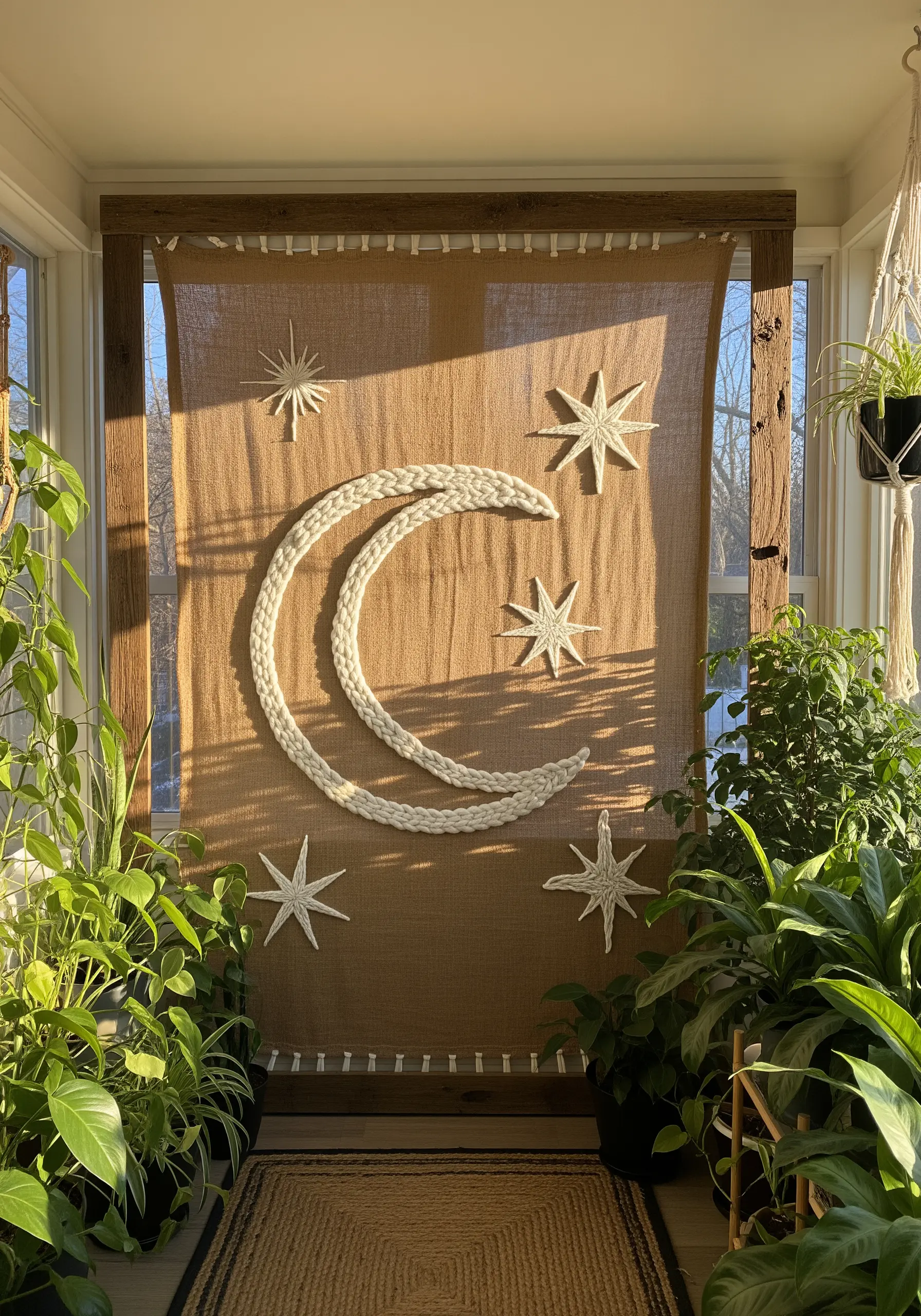 A large burlap wall hanging with a thick, white braided cord couched into the shape of a moon and stars.