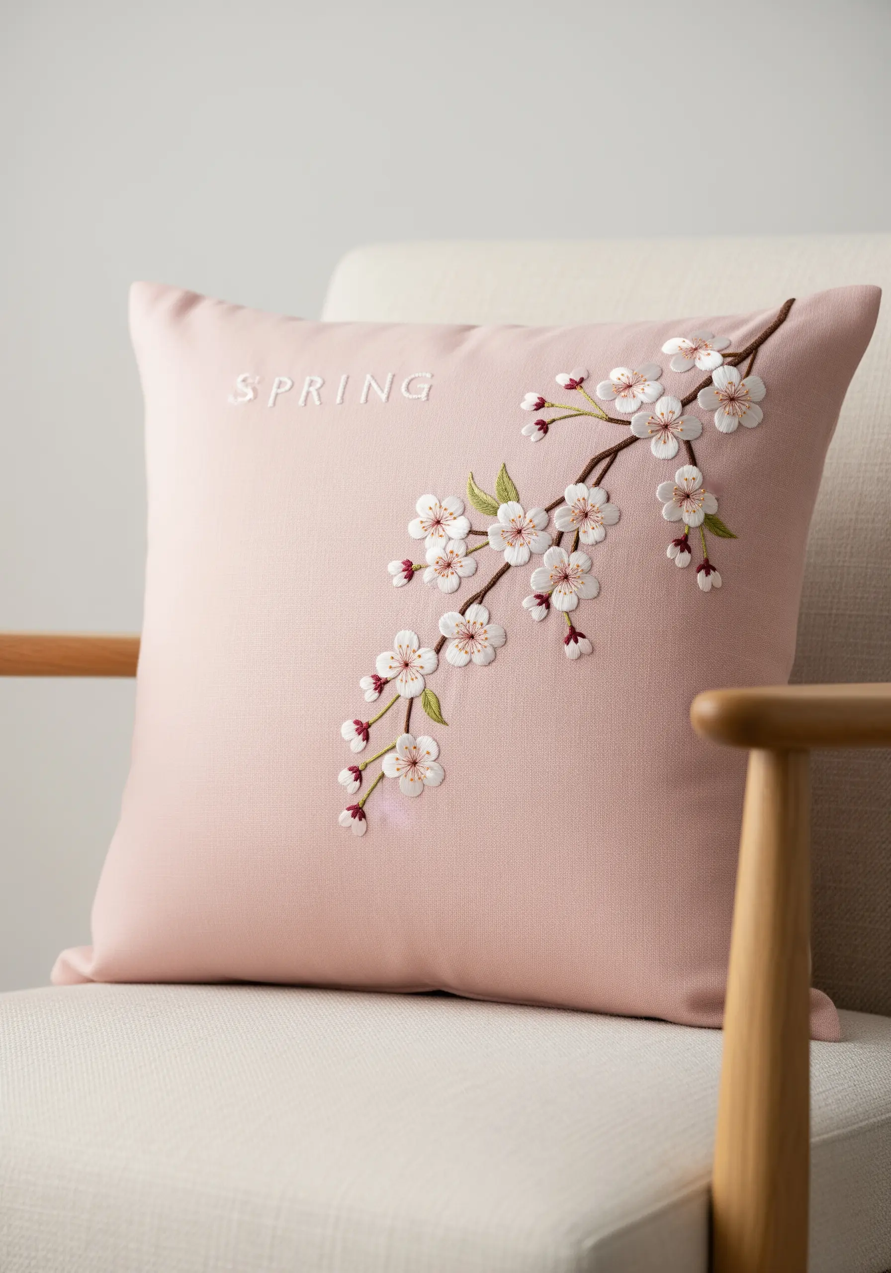 Embroidered cherry blossoms with 3D petals on a pale pink cushion.