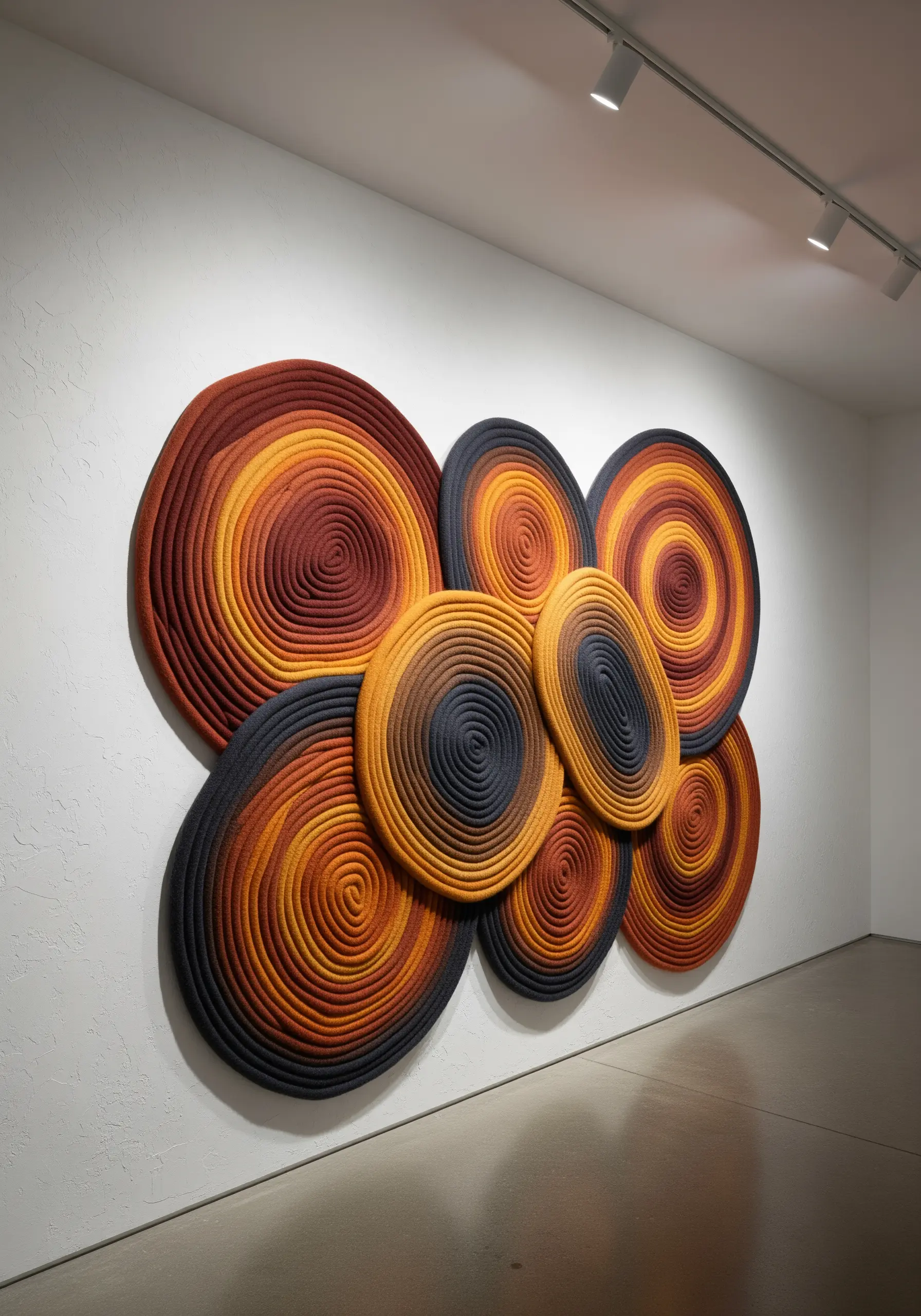 Large coiled fiber art sculpture with a warm red, orange, and black gradient on a white wall.