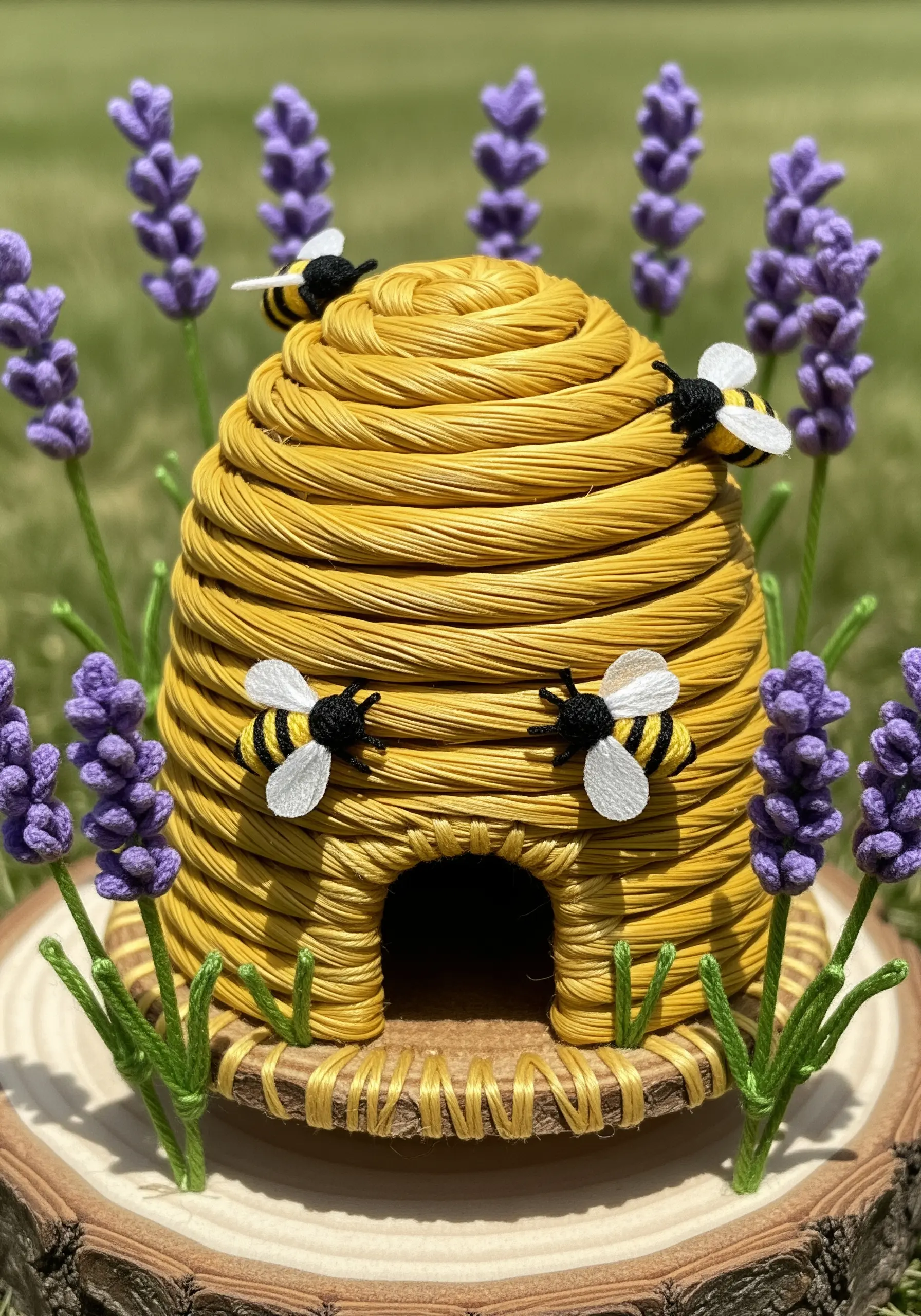 A 3D coiled beehive made from wrapped cord, surrounded by embroidered lavender stalks.