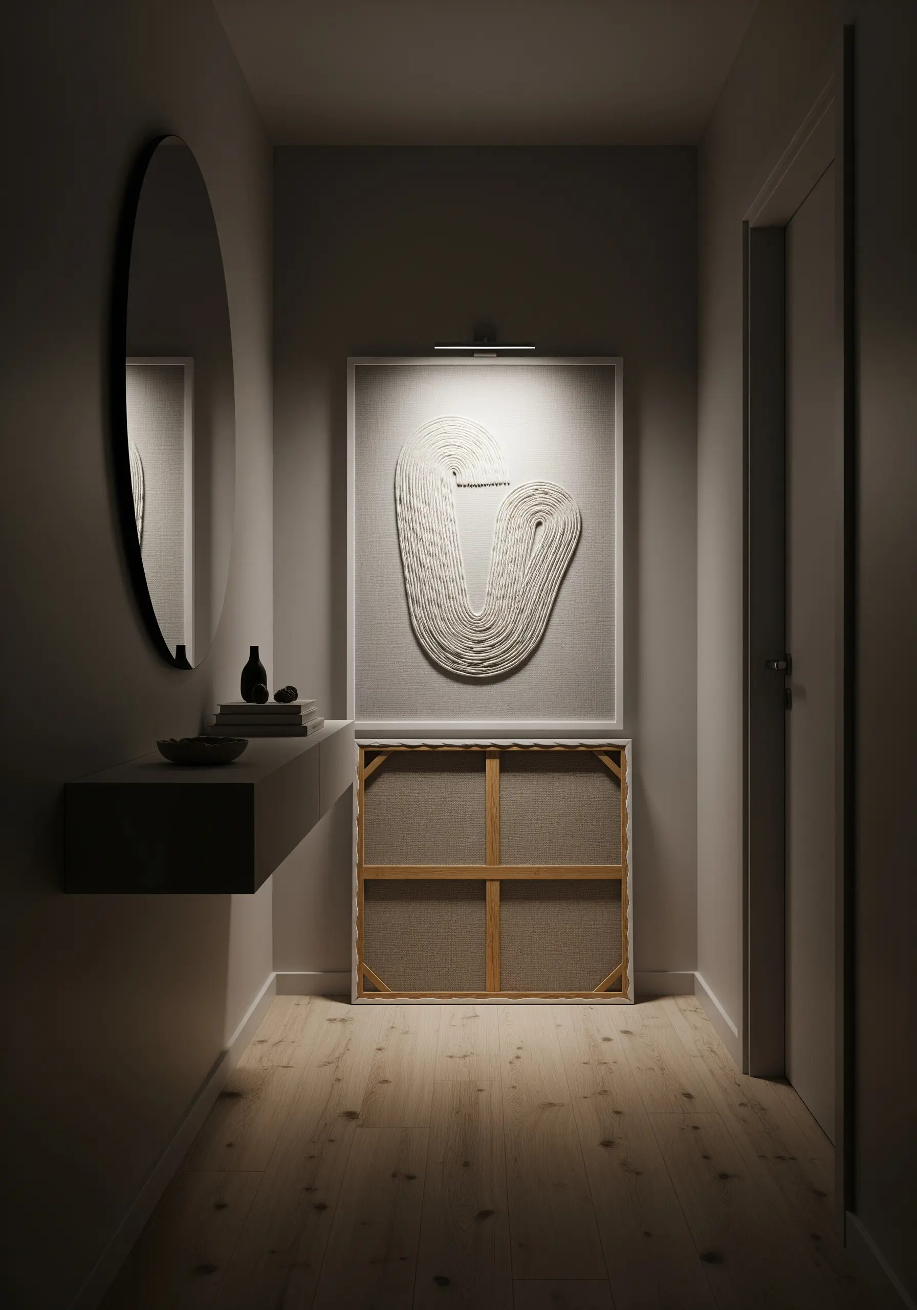 Framed abstract textural art made from thick, coiled white yarn on a neutral background.