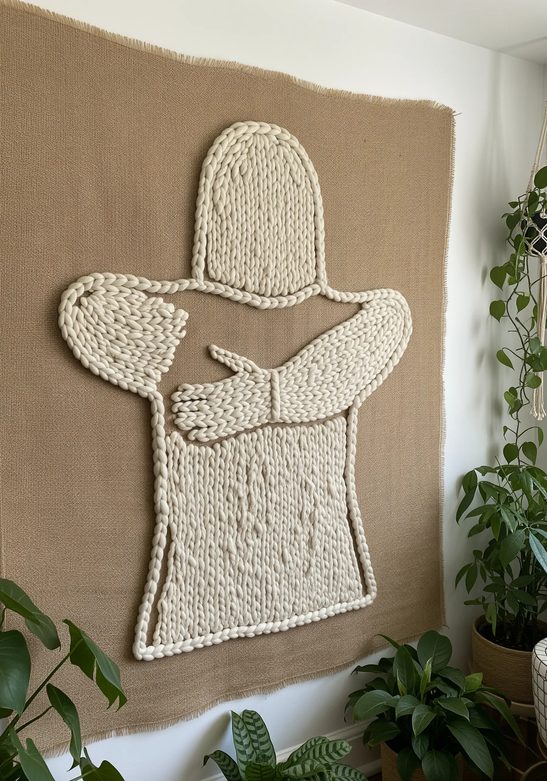 A large wall hanging with a figure made of thick, chunky white yarn on a brown burlap background.