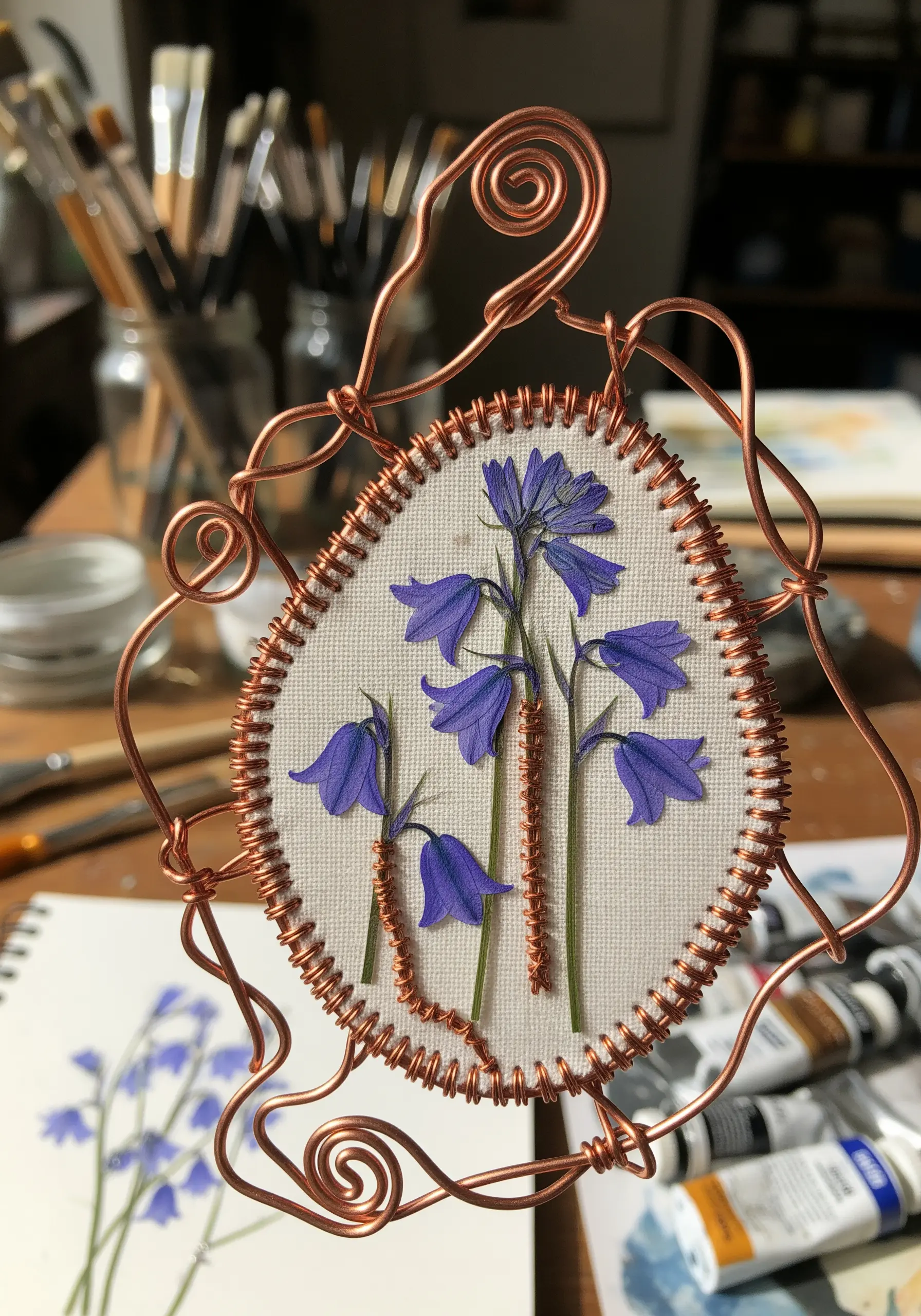 Bluebells on canvas framed by twisted copper wire sculpture