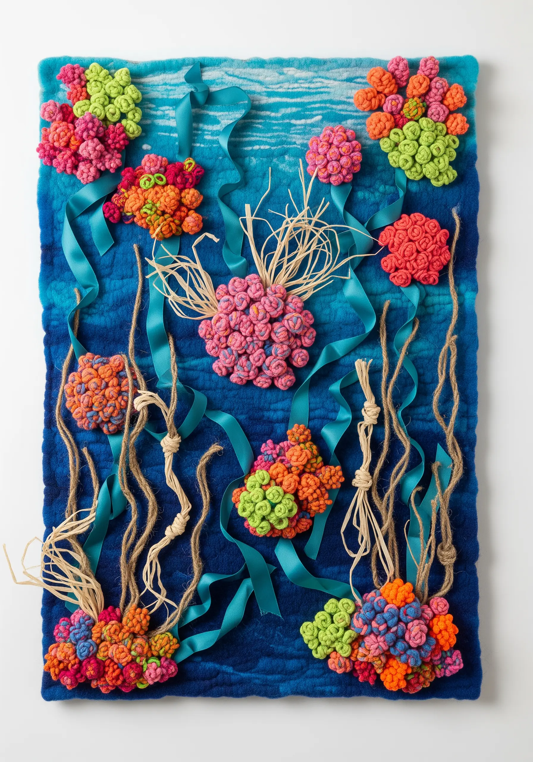 3D coral reef textile art with knotted yarn, ribbon, and raffia on a blue felted background.