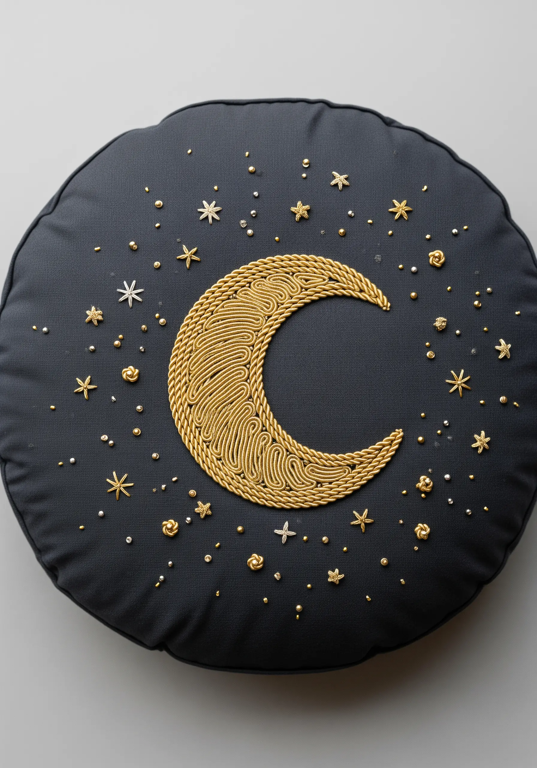 Gold cord couched into a crescent moon shape on a dark cushion.