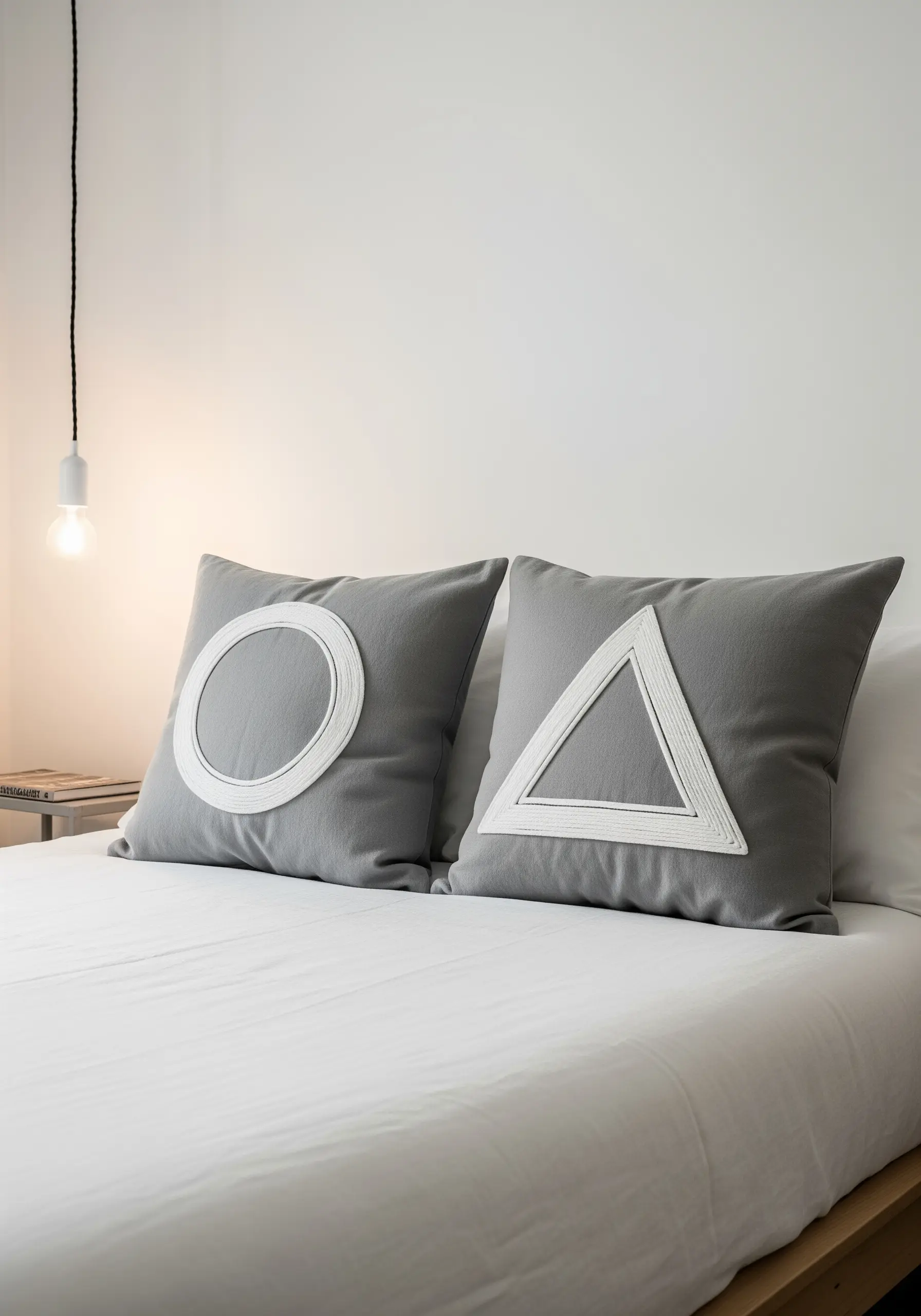Grey cushions with bold, white cord-wrapped geometric circle and triangle shapes.