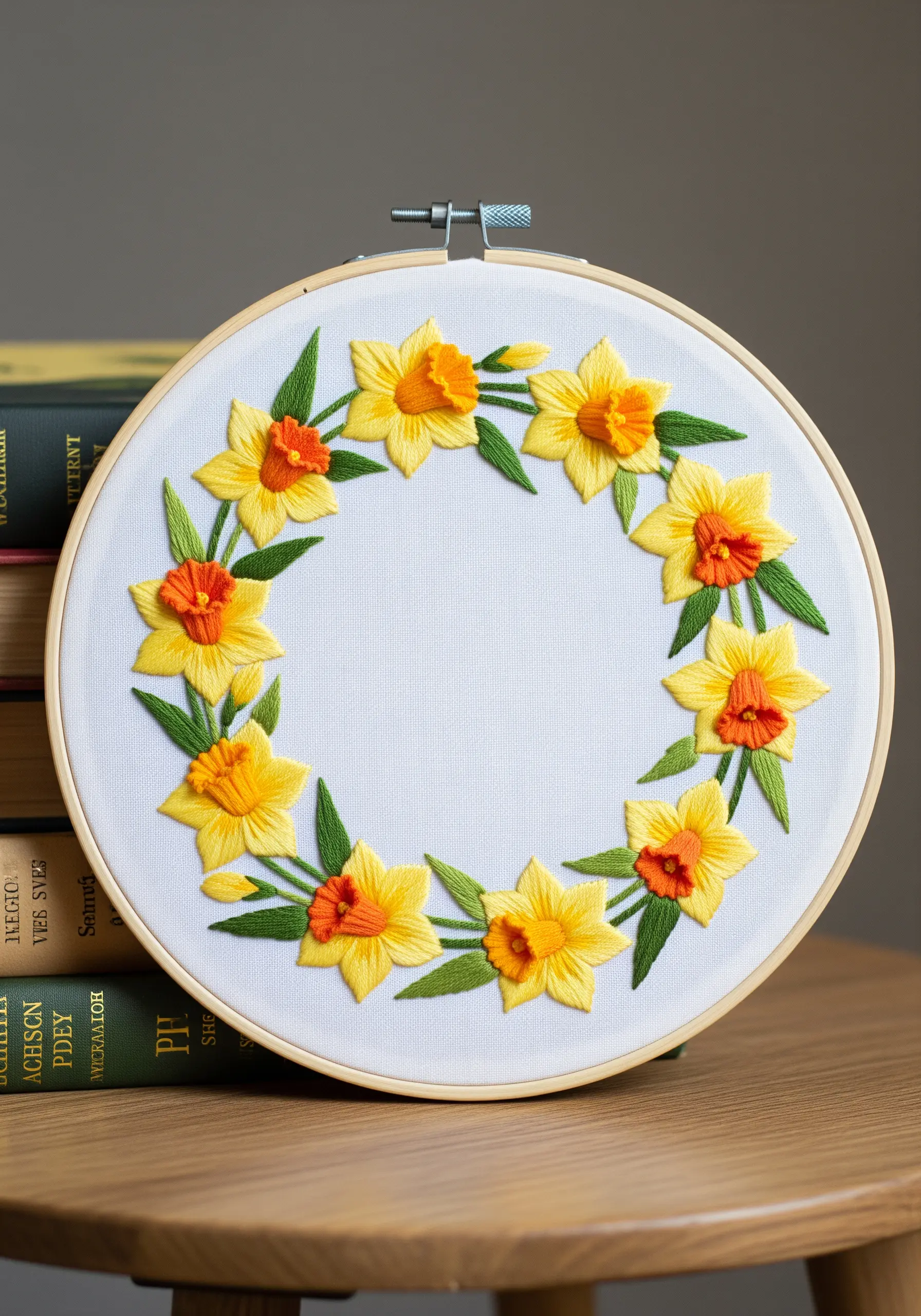A dimensional daffodil wreath embroidery with raised orange trumpets on a white hoop.