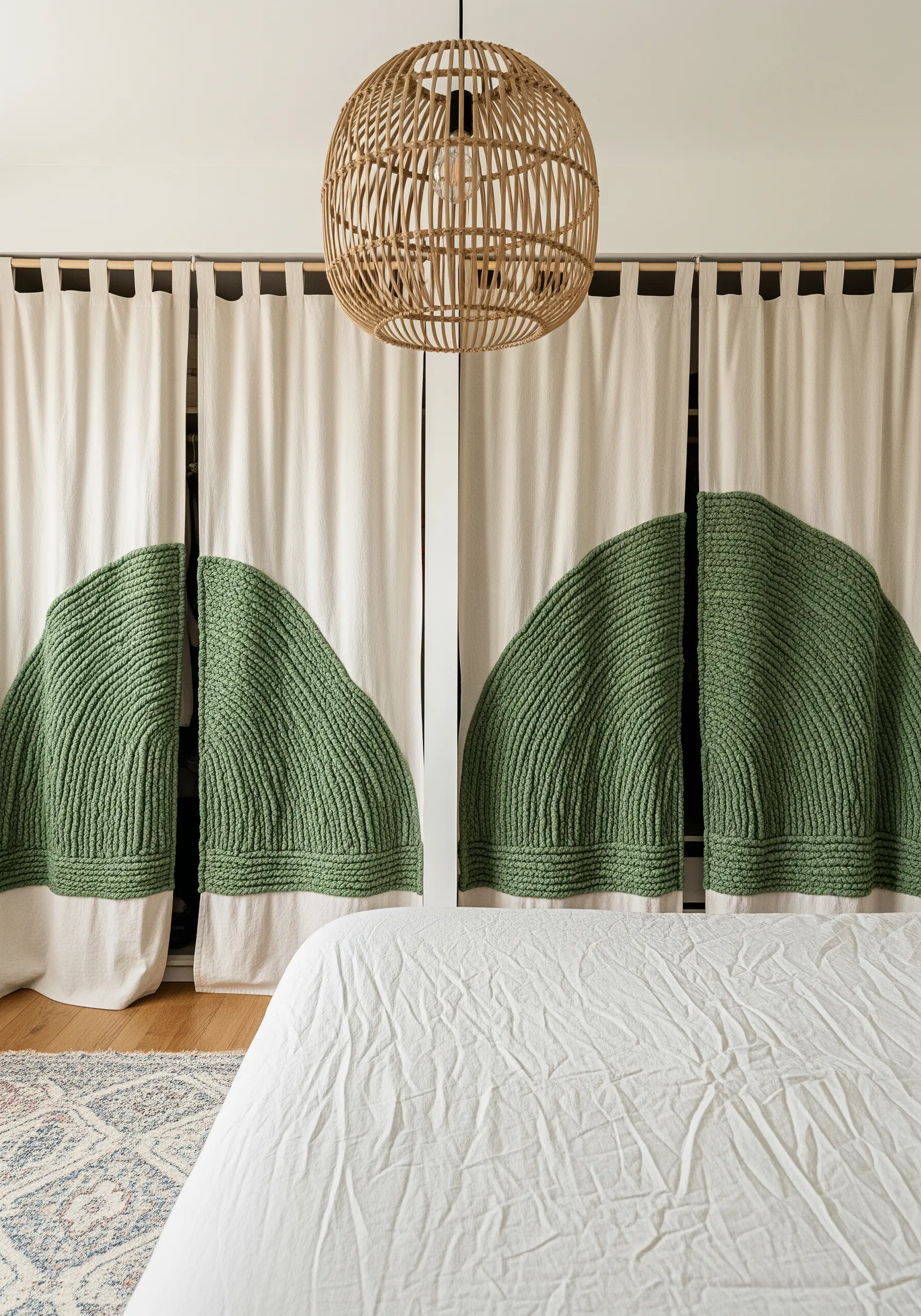 Heavy cream curtains with large, sculptural green knitted semi-circles appliquéd onto them.