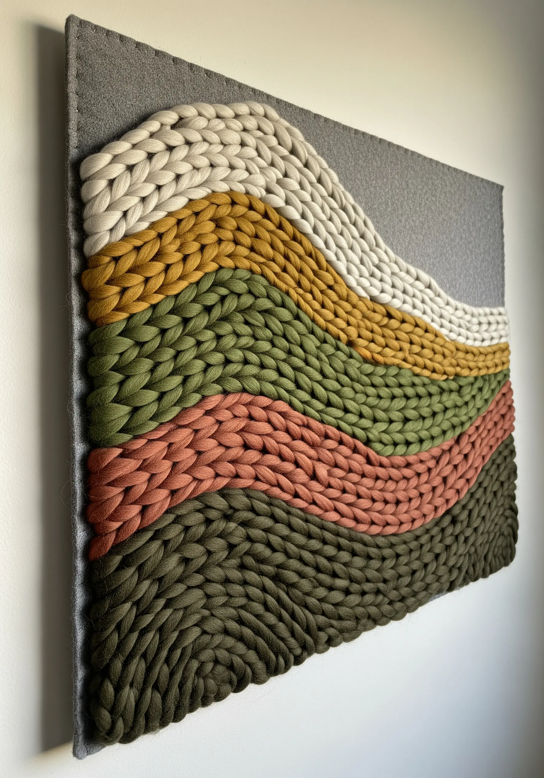 Thick, chunky yarn in earthy tones creating wavy, three-dimensional rows.