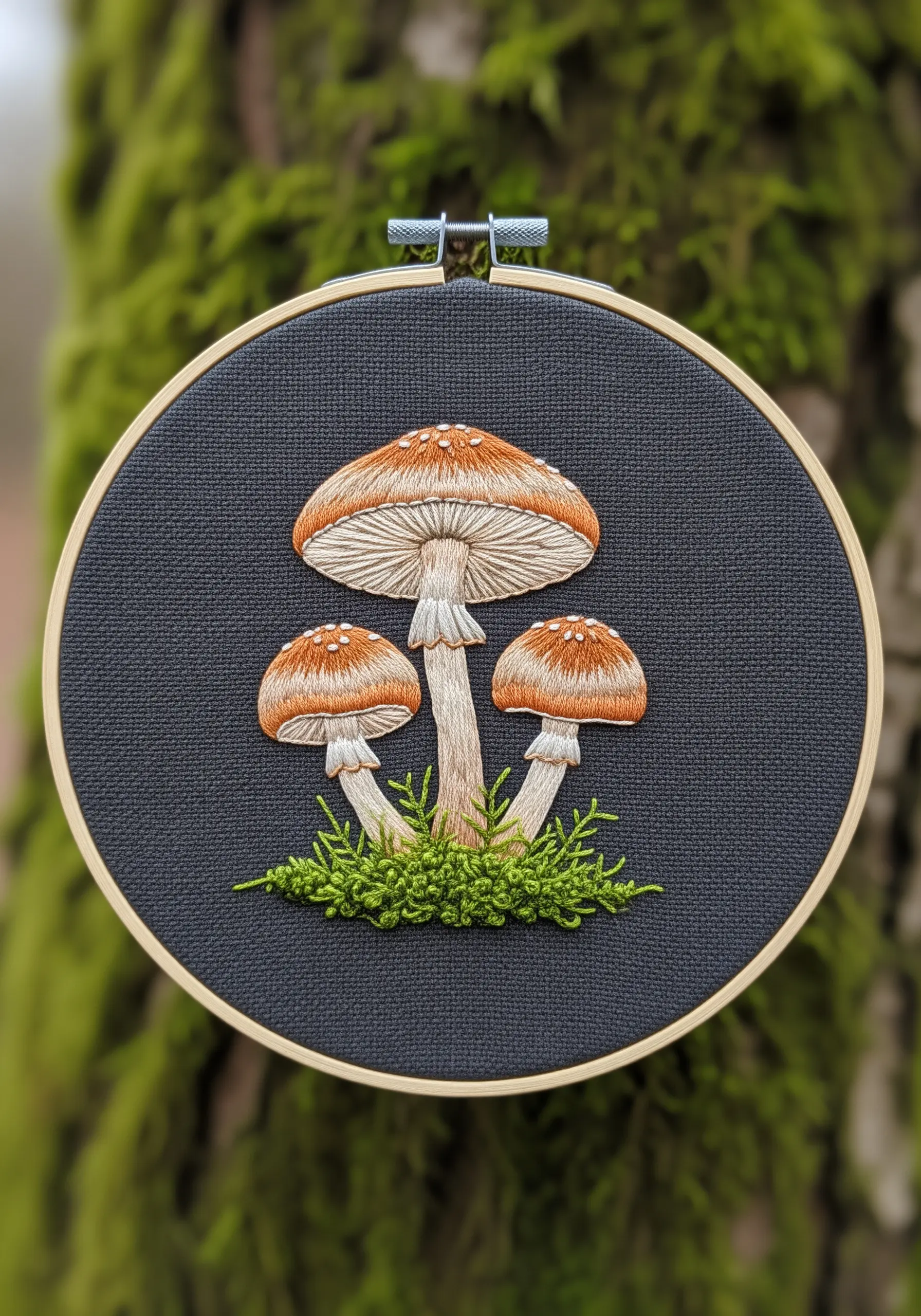 Three embroidered mushrooms with thread-painted gills and French knot moss on black fabric.