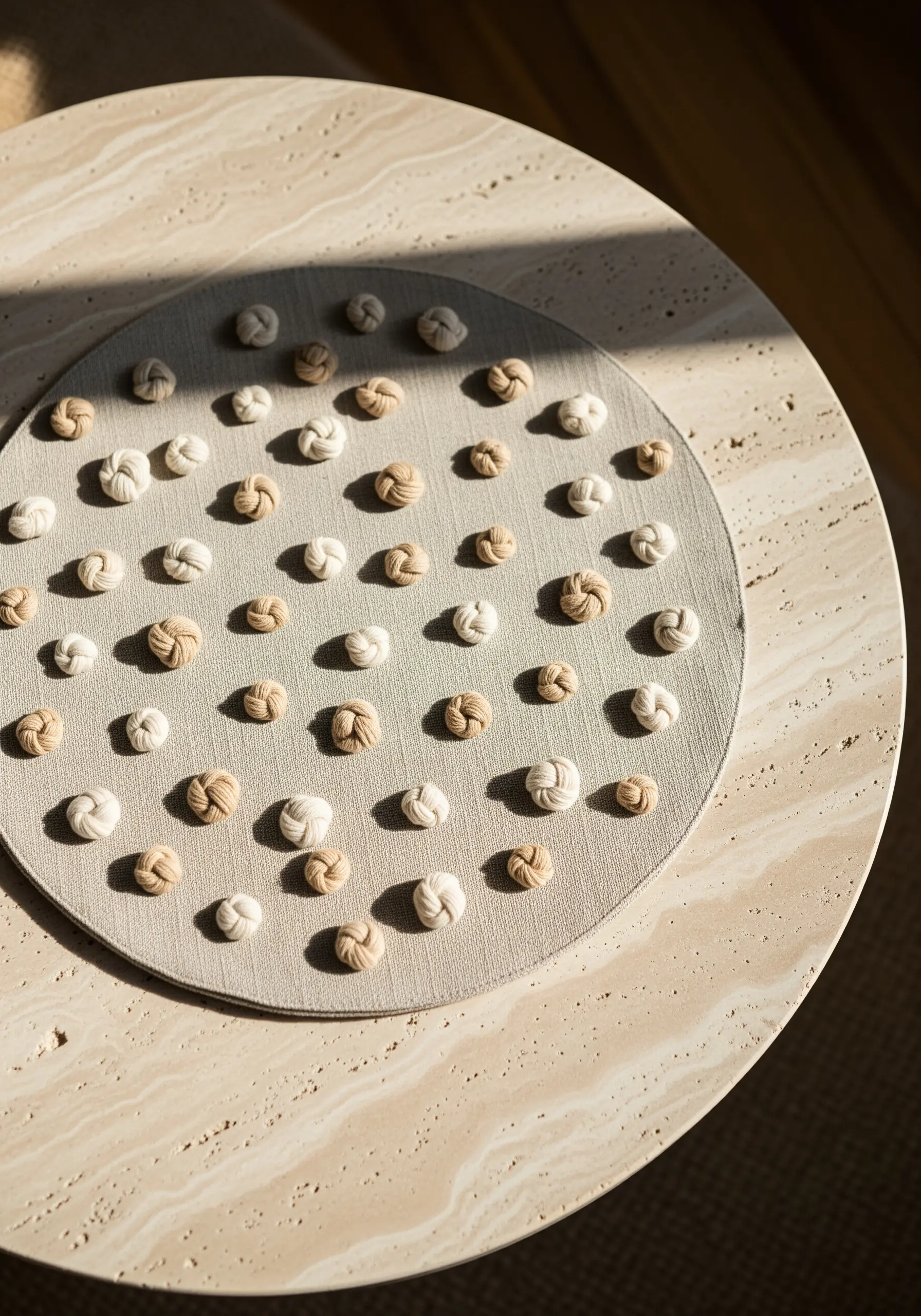 Neutral-toned placemat covered in a grid of small, woven-style embroidery knots.