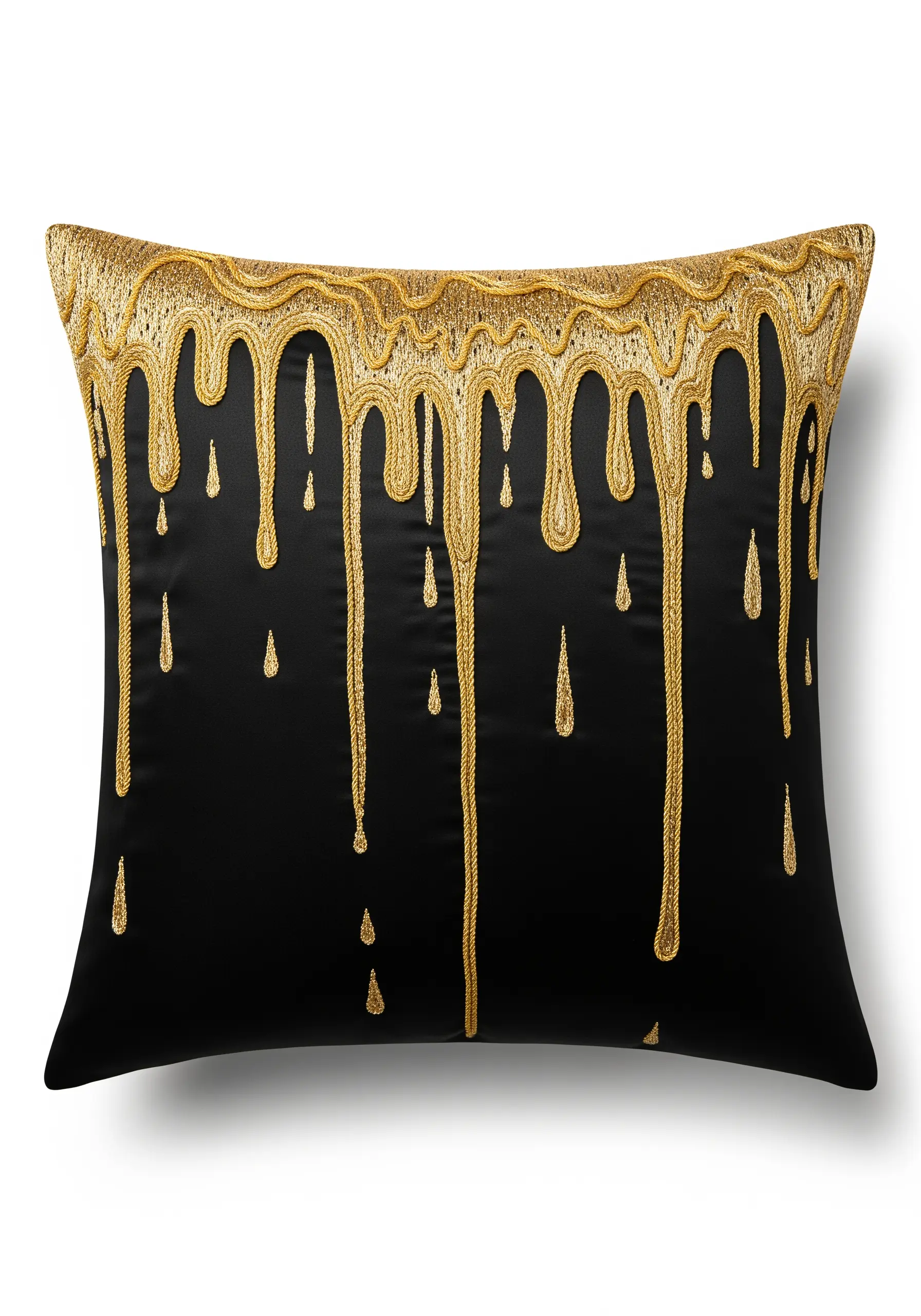 Gold thread embroidered in a dripping paint effect on black satin.
