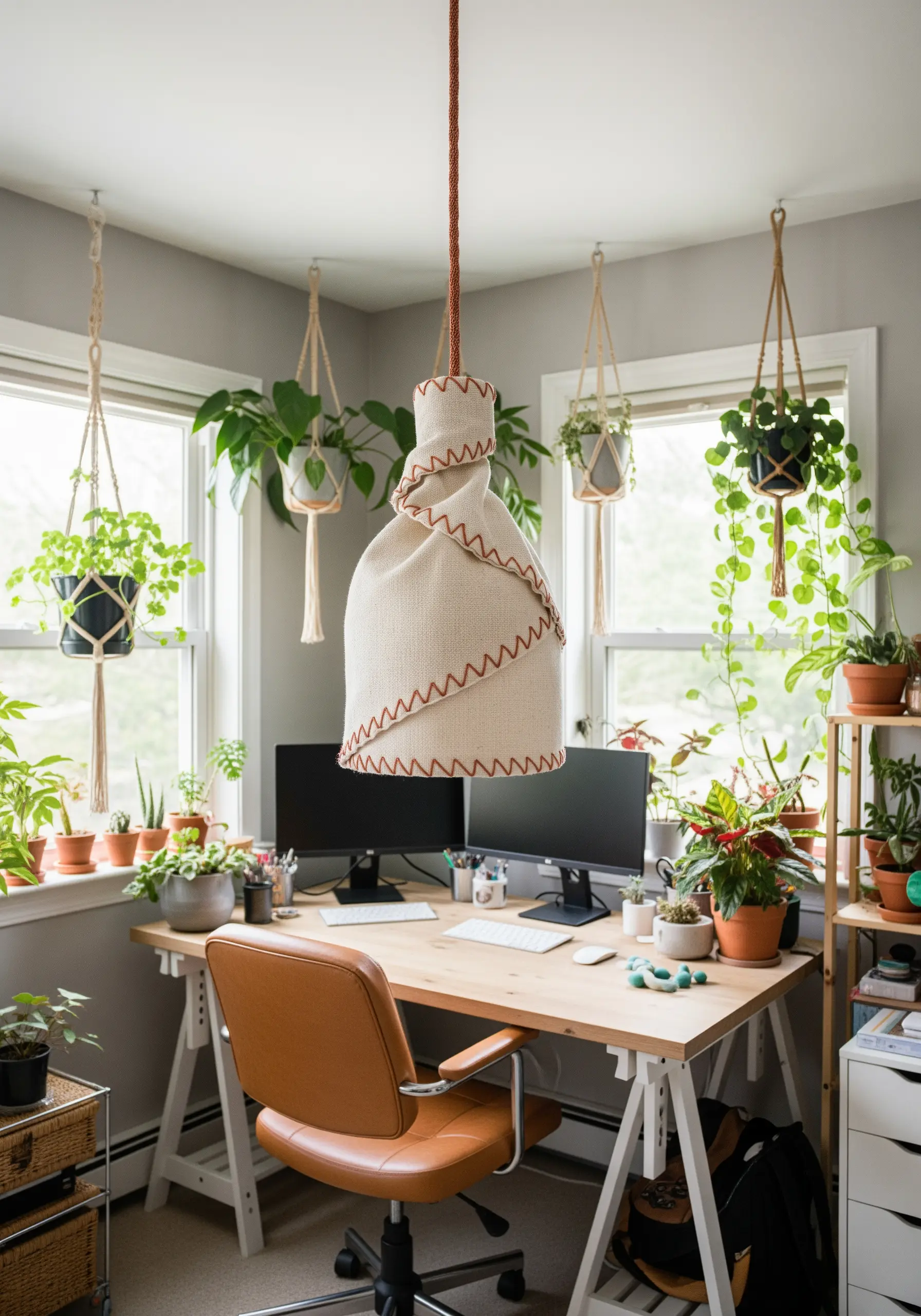 A rustic fabric lampshade cover embellished with a bold, rust-colored blanket stitch.