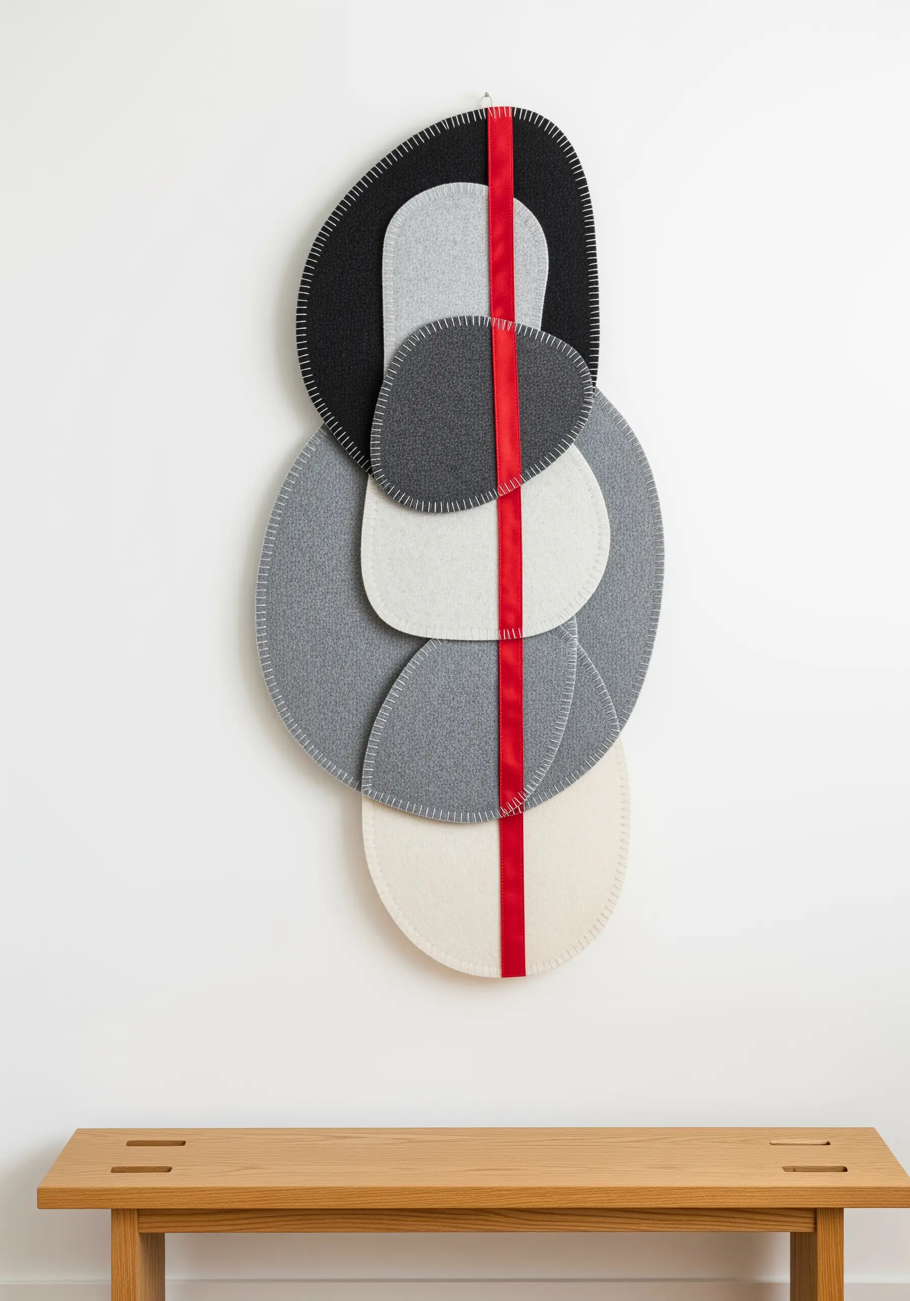 A modern wall hanging made of layered grey felt ovals, stitched at the edges, with a red ribbon.