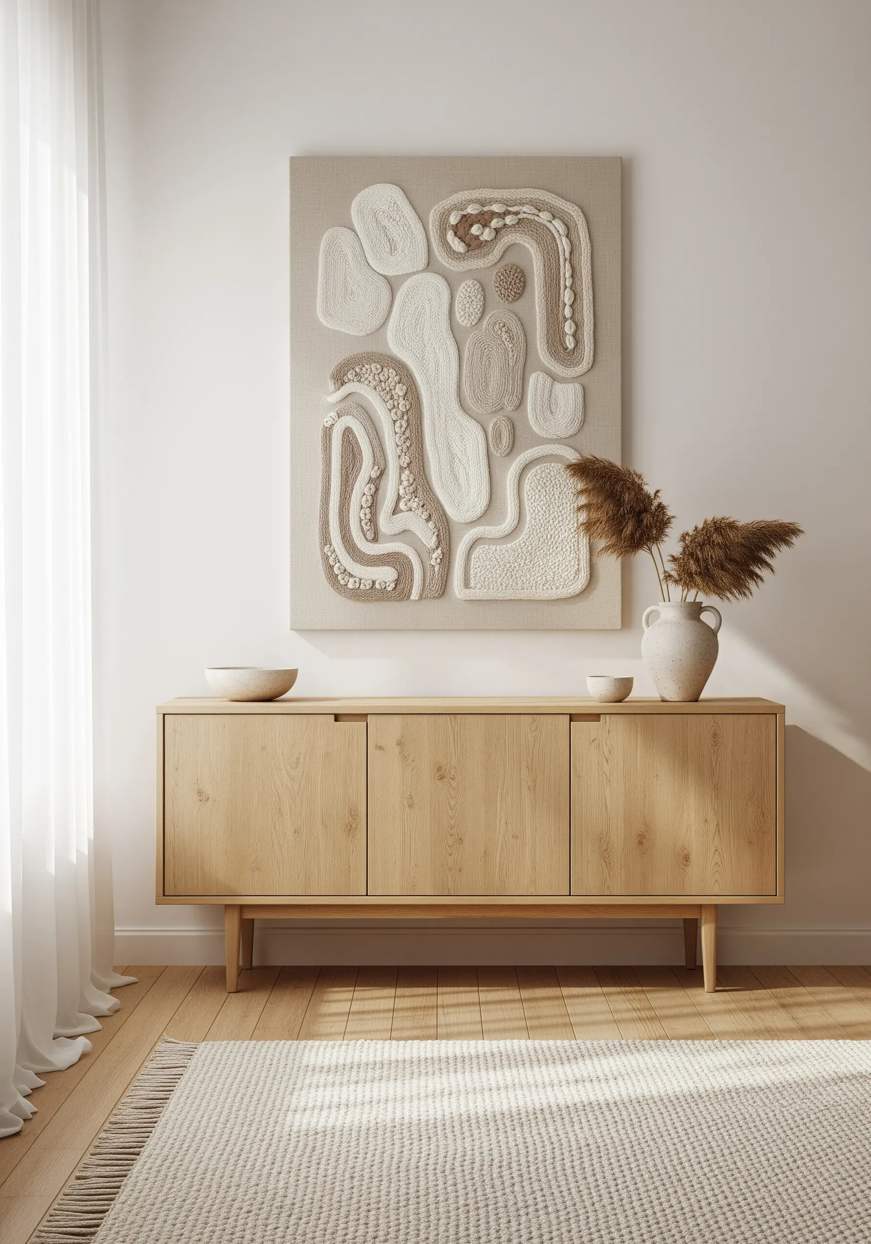 Abstract sculptural embroidery with high-relief textures in neutral tones on a large canvas.