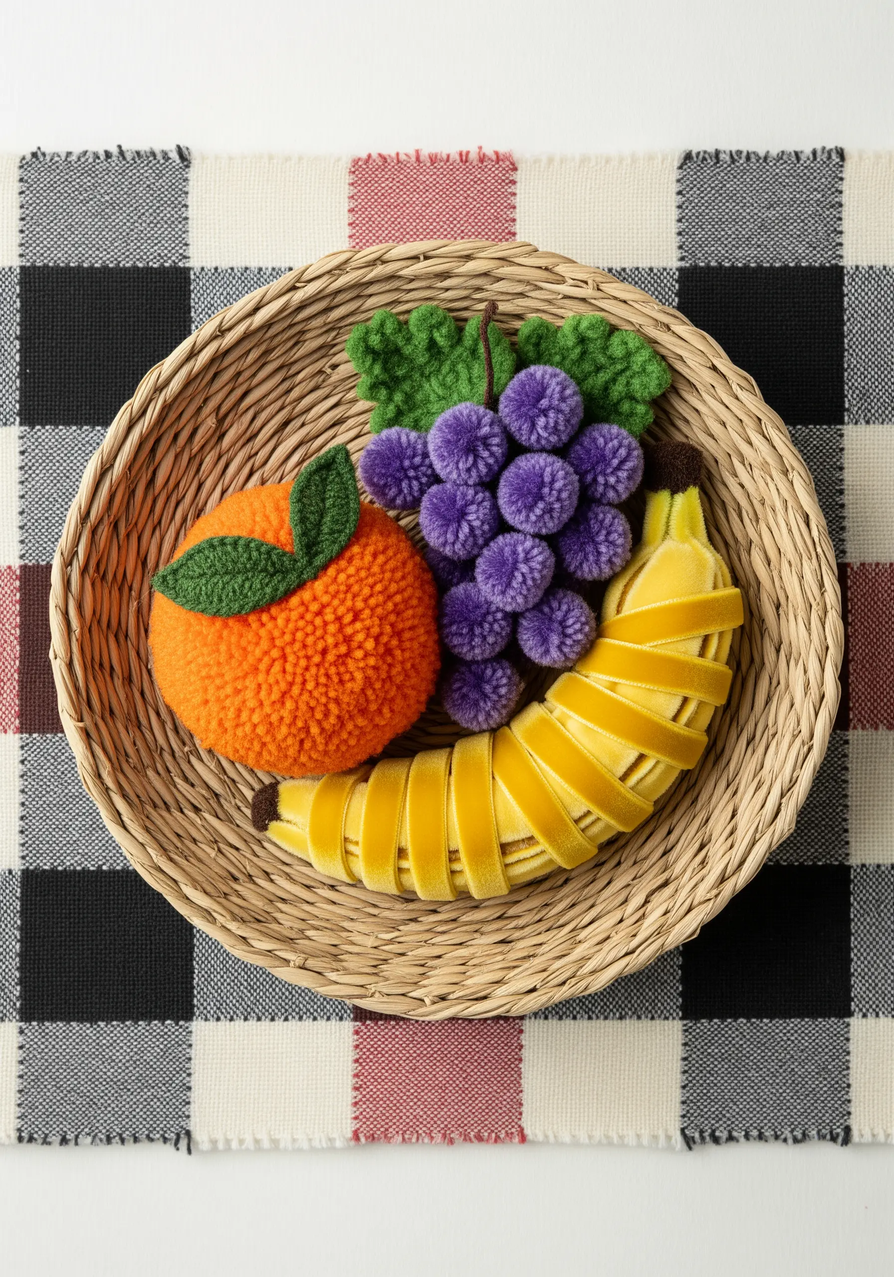 A collection of 3D fruit made from pompoms, velvet ribbon, and punch needle in a basket.
