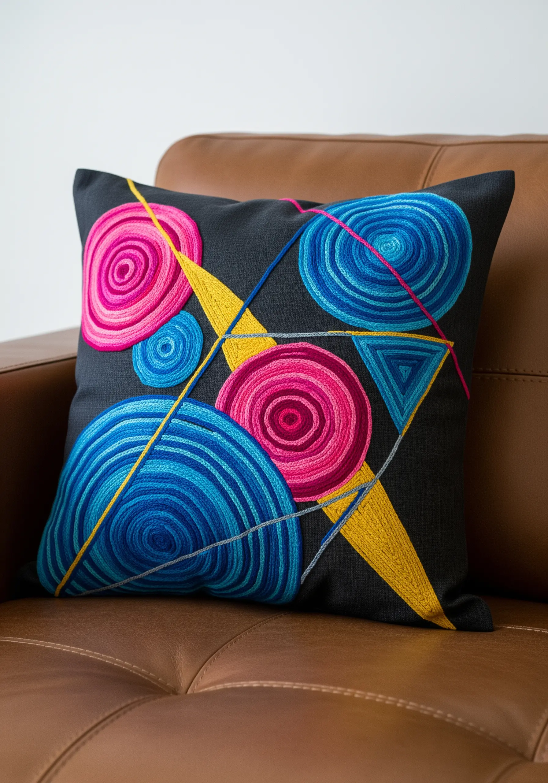 Abstract geometric spirals in pink, blue, and yellow on a charcoal pillow.