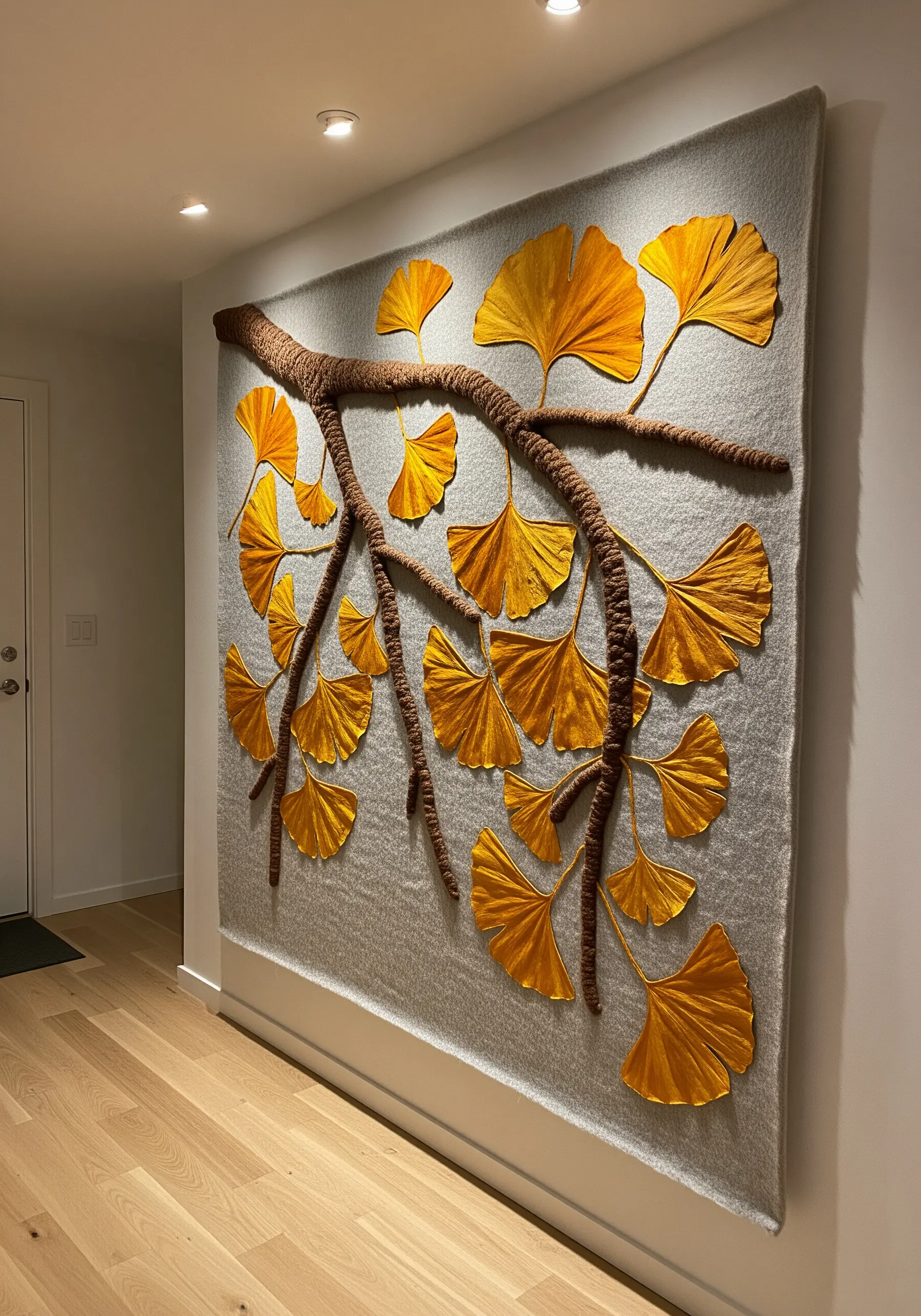 Large wall hanging of a ginkgo branch with 3D wrapped branches and satin appliqué leaves.