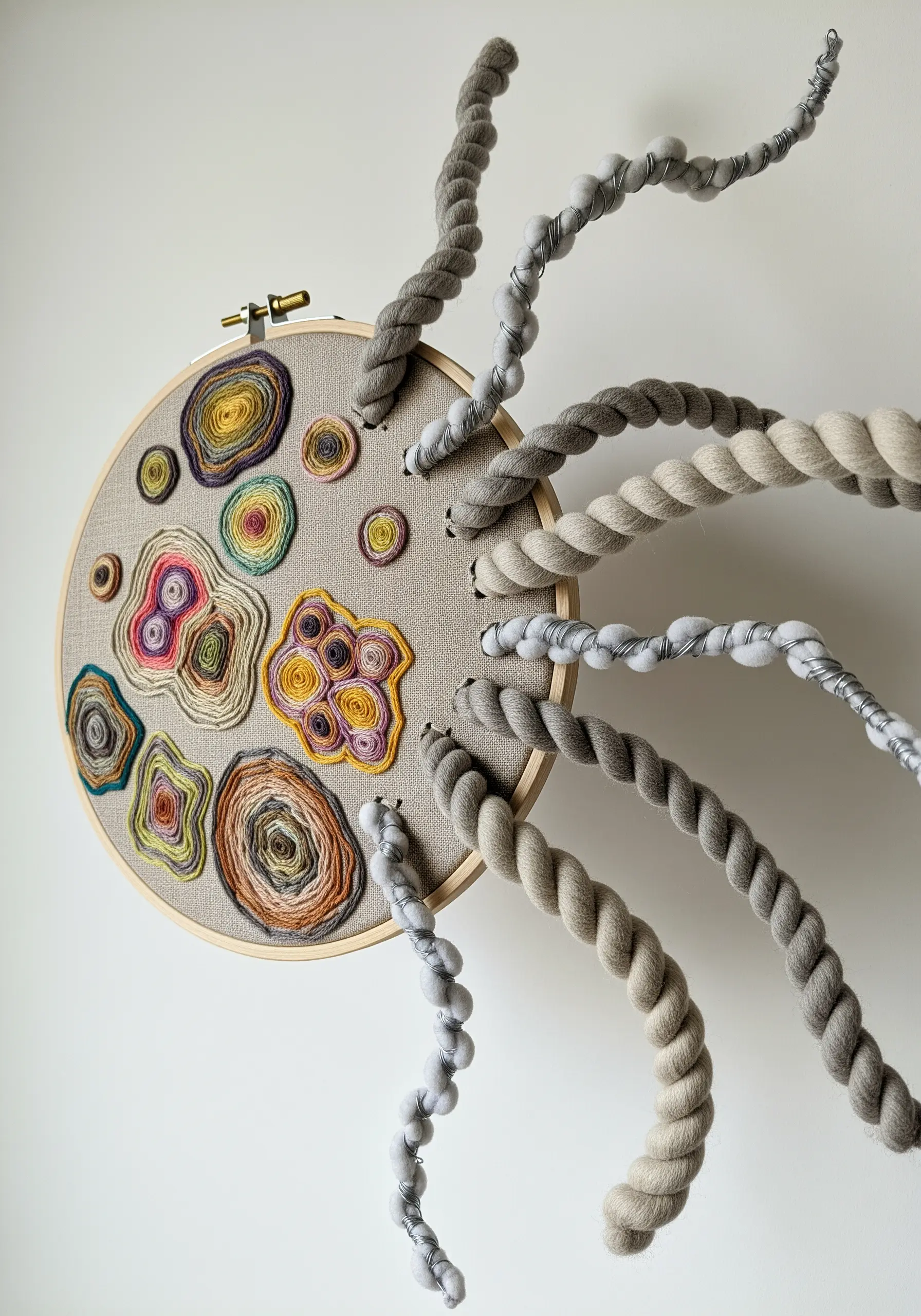 Abstract hoop art with agate-like embroidery and thick ropes extending from the fabric.