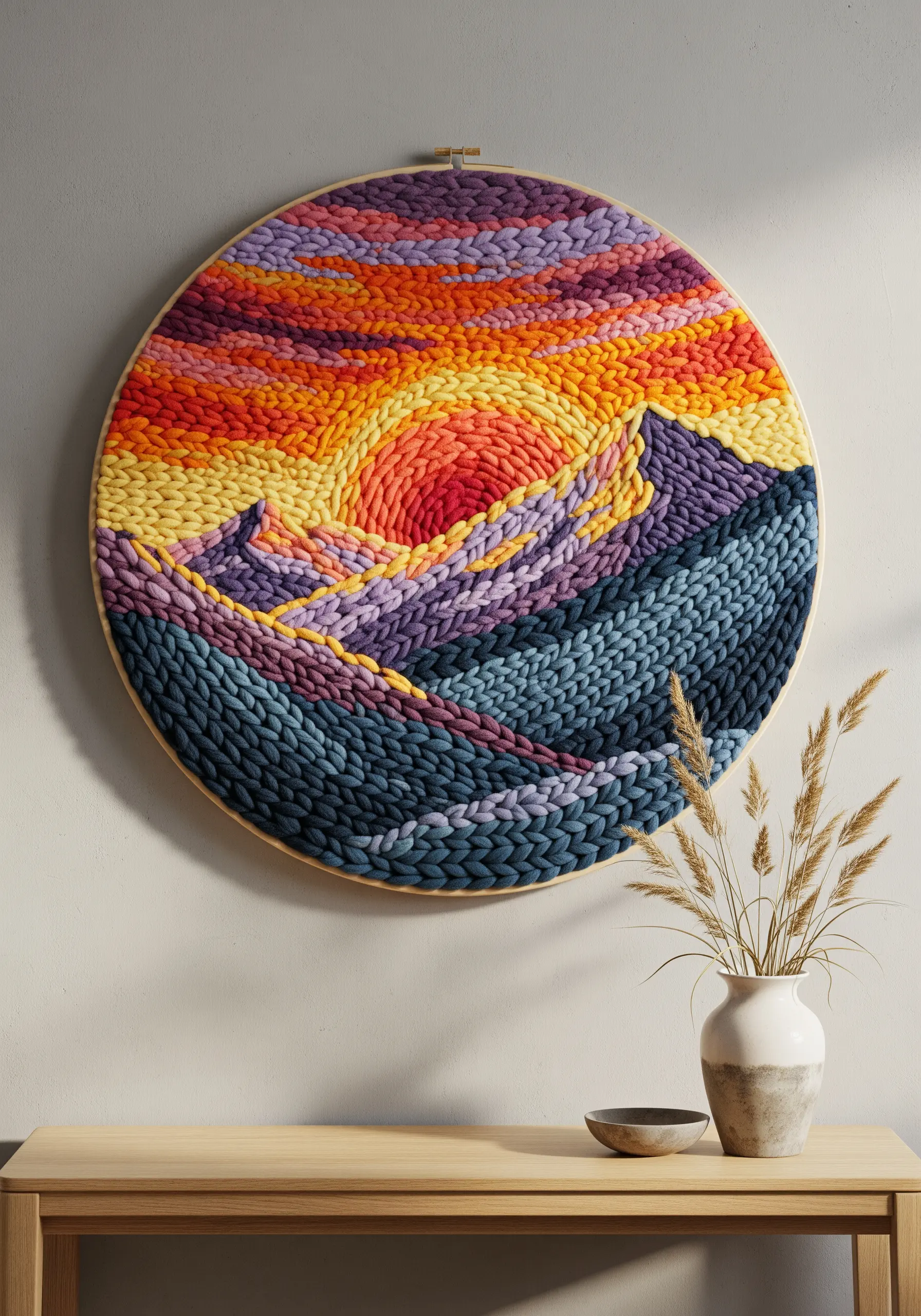 Large embroidery hoop with a chunky yarn landscape of a sunset over mountains.