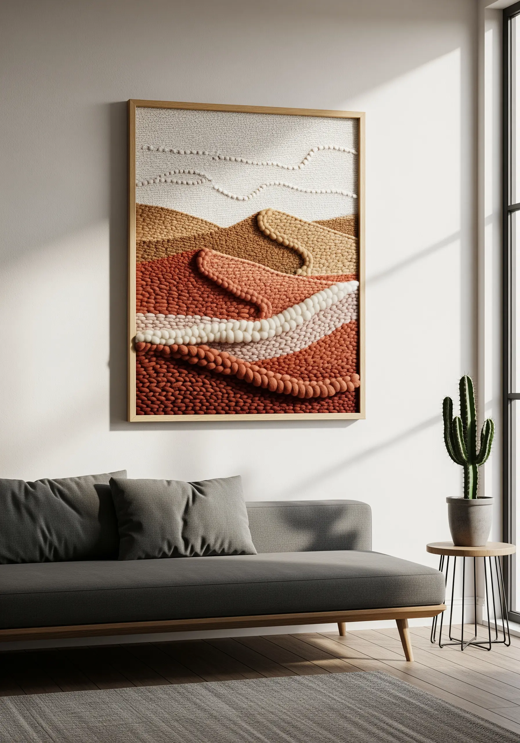 Large-scale framed embroidery of a desert landscape made with chunky textured yarn.