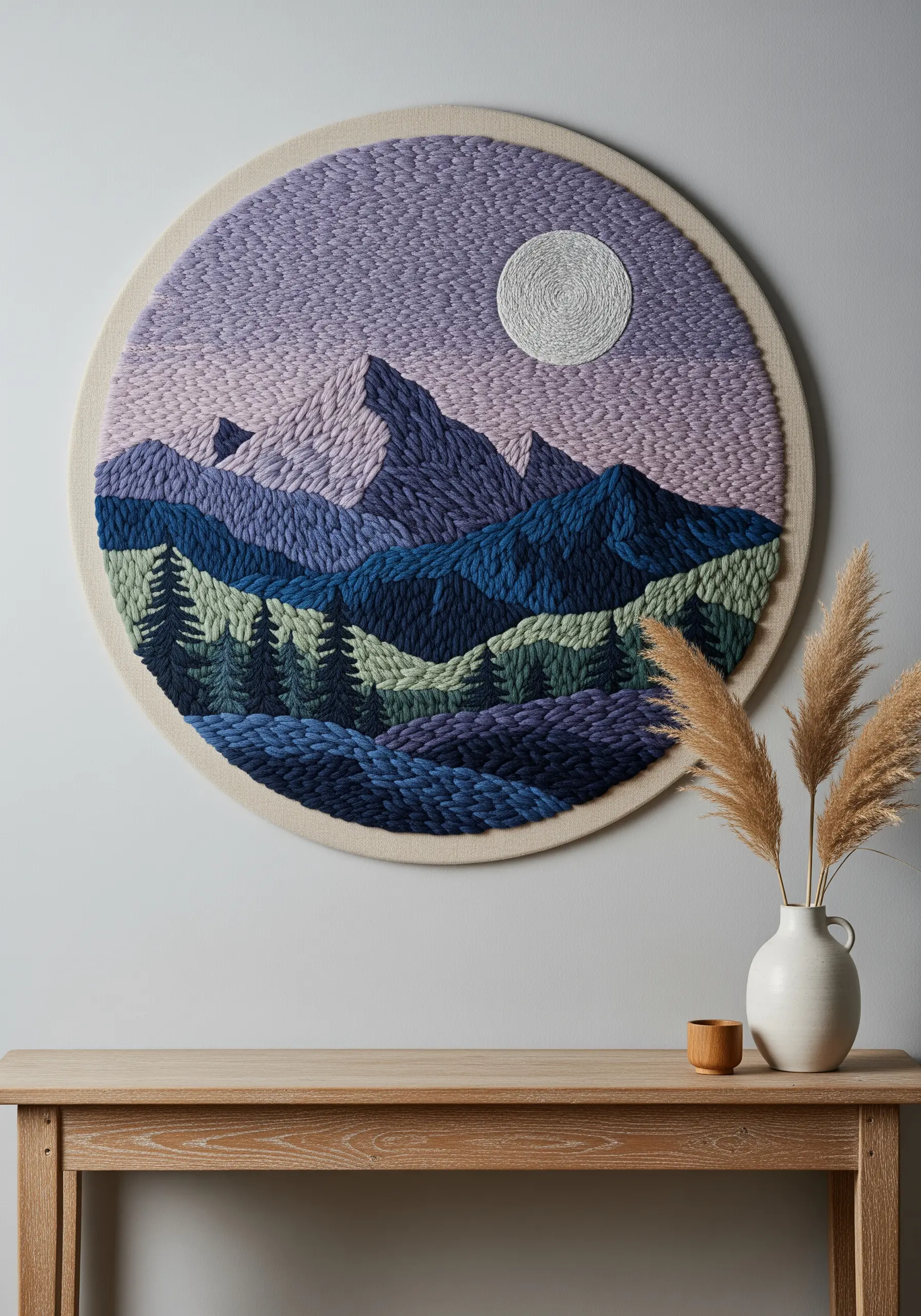 Large circular embroidery of a mountain landscape with highly textured purple and blue yarn.