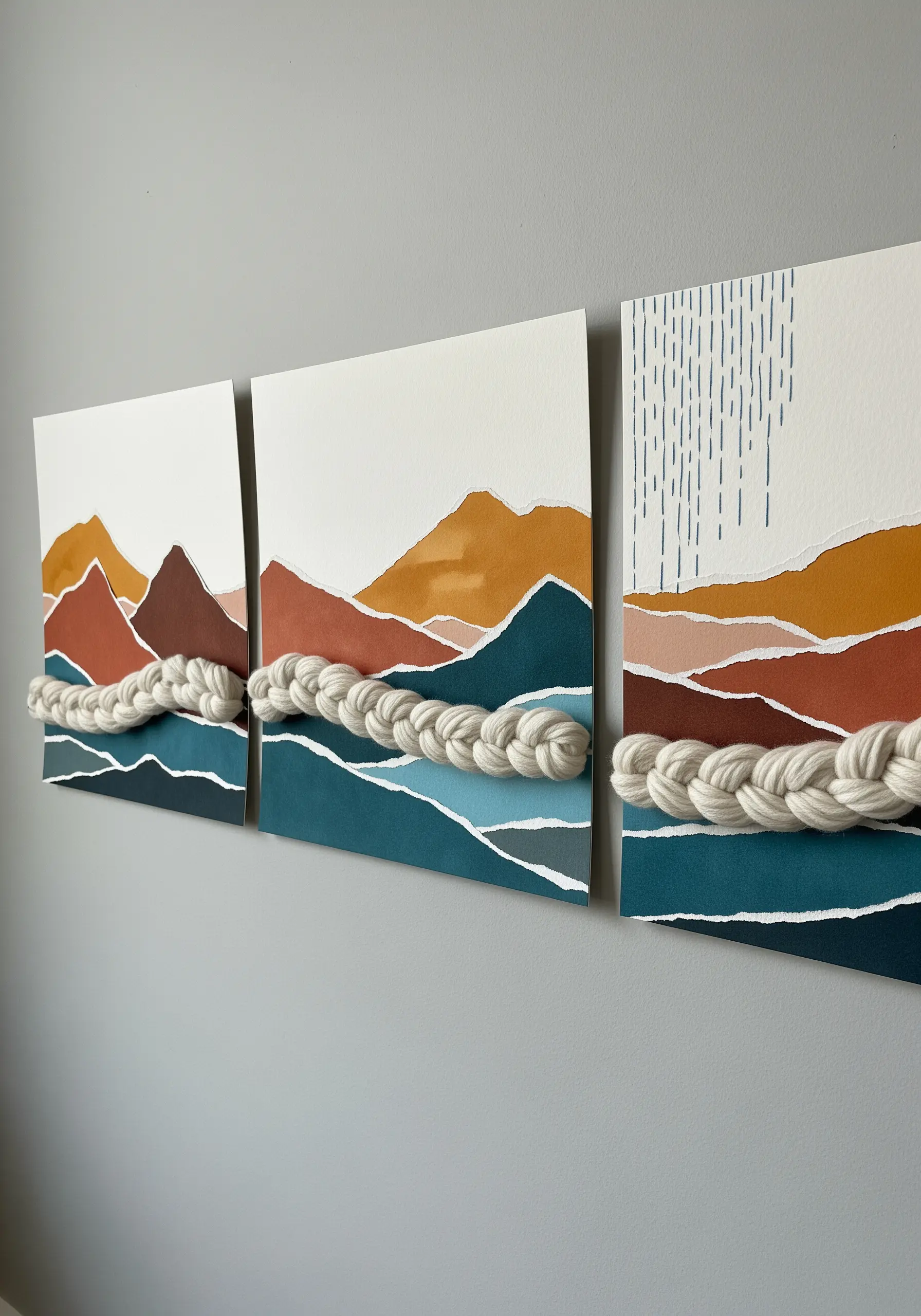 Paper collage of mountains with a thick, white braided rope stitched across the foreground.