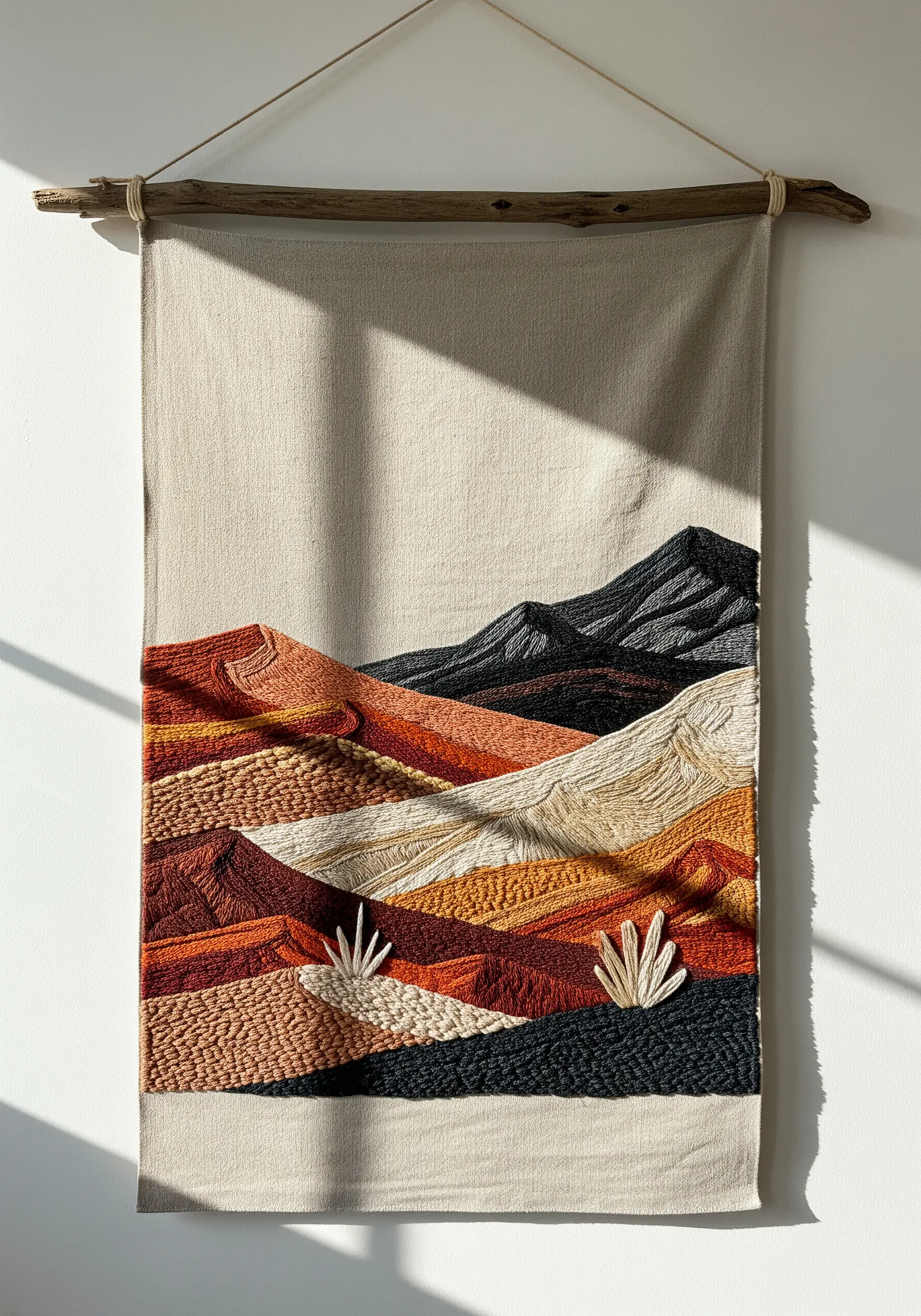 Embroidered landscape wall hanging with varied textures and earth tones.