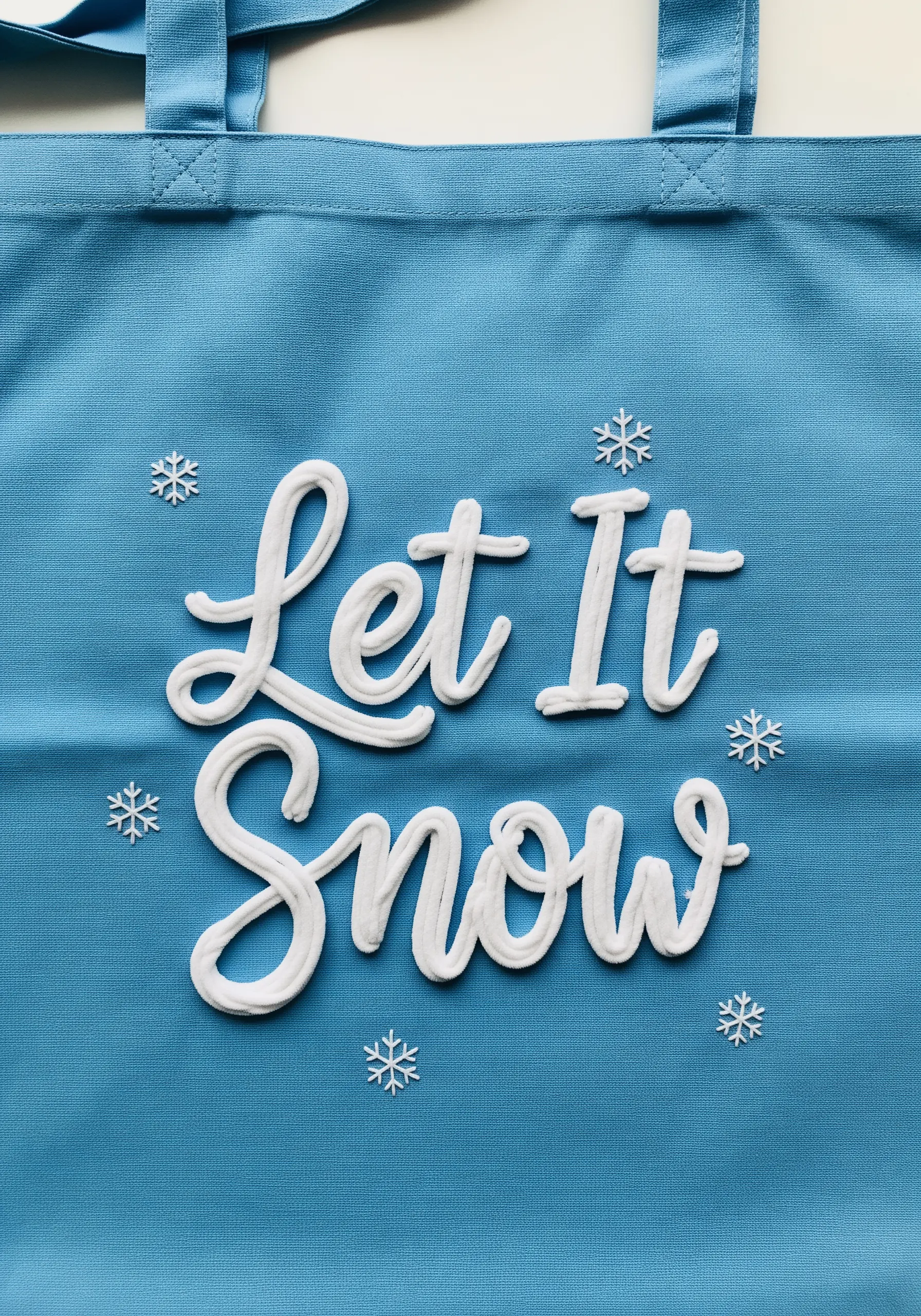 3D padded satin stitch lettering that says 'Let It Snow' on a bright blue tote bag.