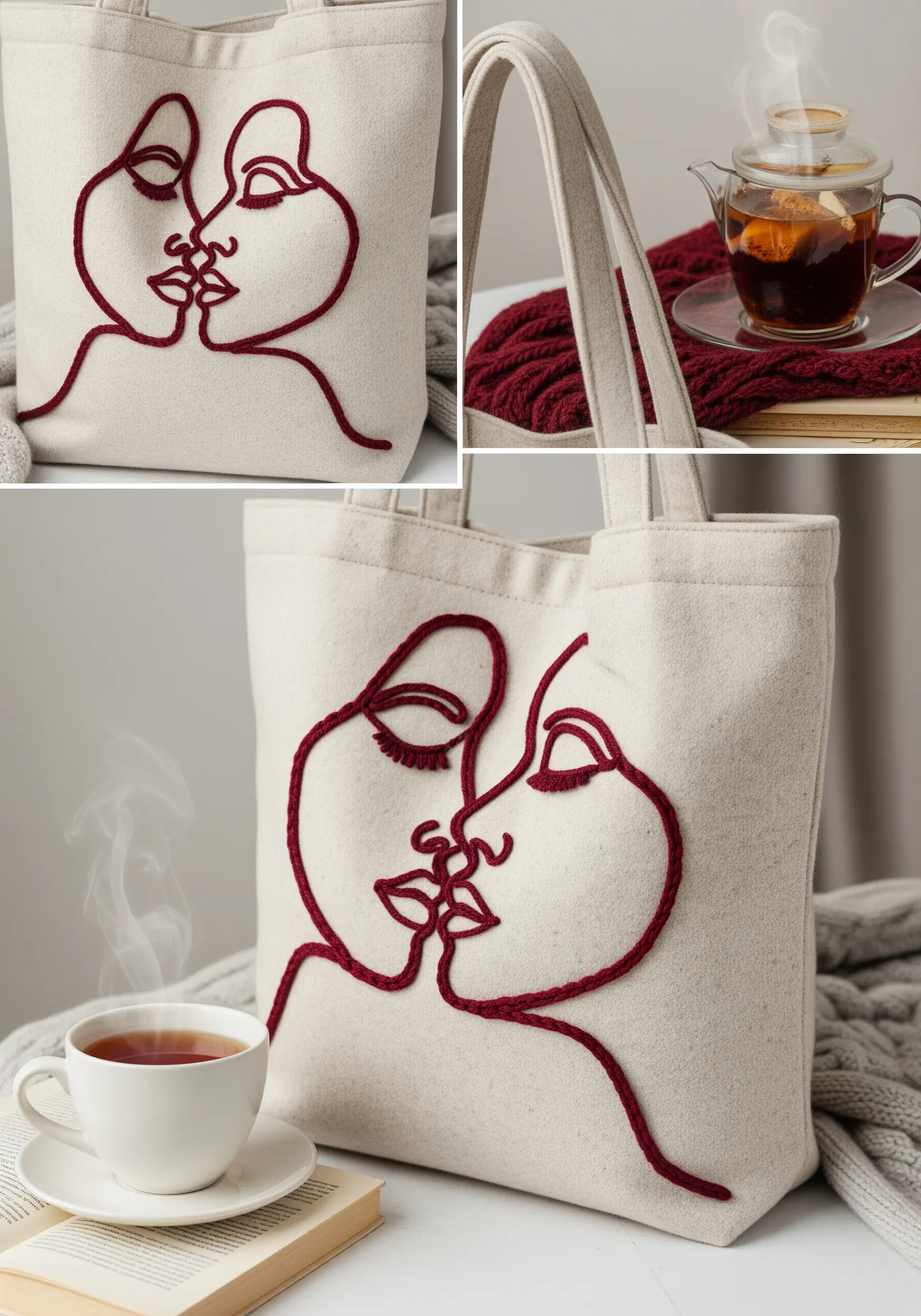 A continuous line art portrait of a couple kissing, stitched with thick red yarn on a canvas tote.