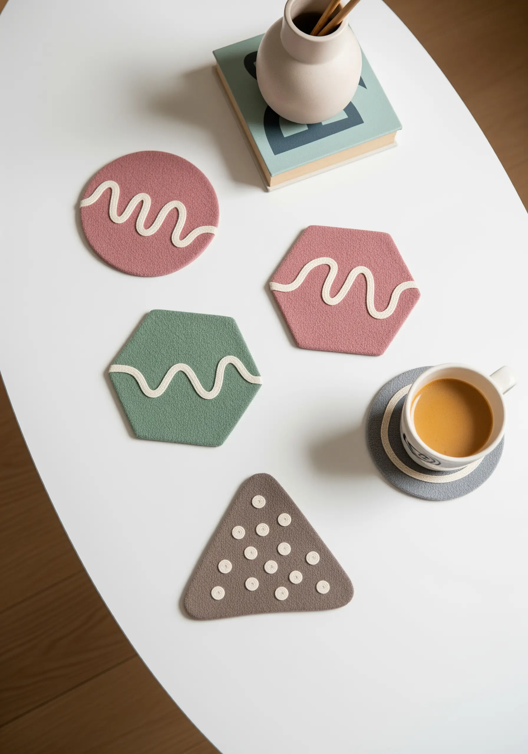 Coasters in various shapes with raised, squiggly lines applied using couching.
