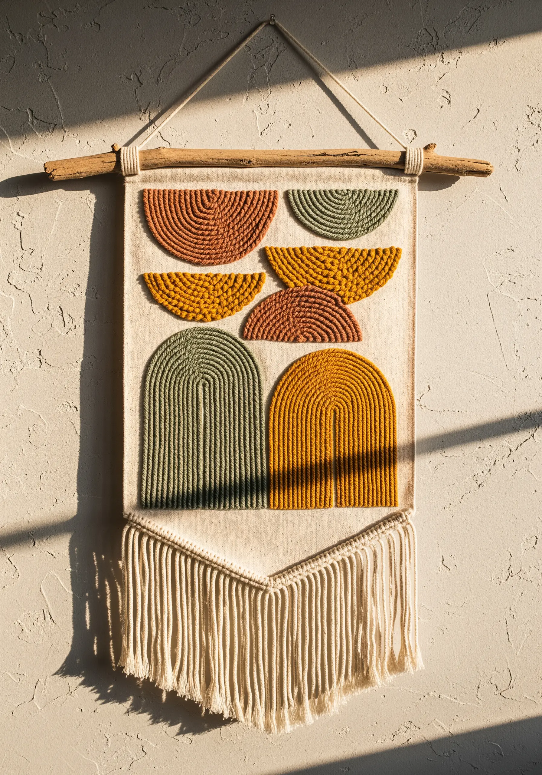 Textured wall hanging with raised loop stitches in earth tones