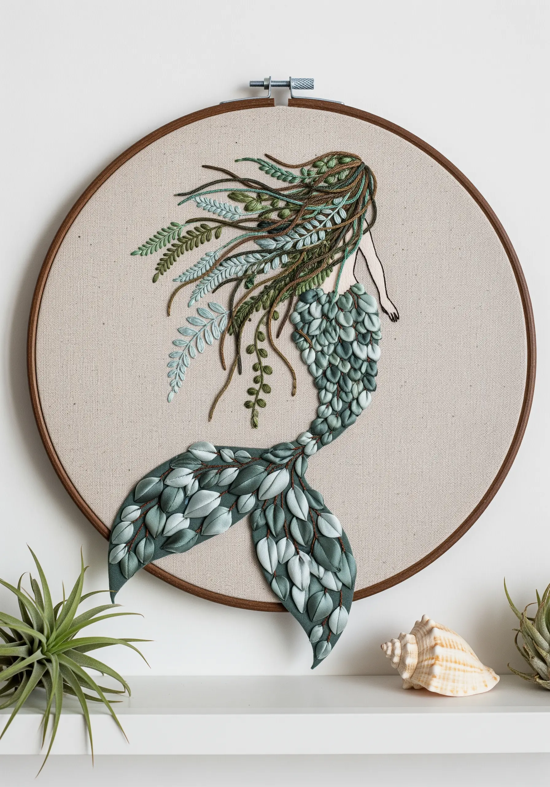 Mermaid embroidery with 3D ribbon stitch scales and flowing thread hair with fern details.