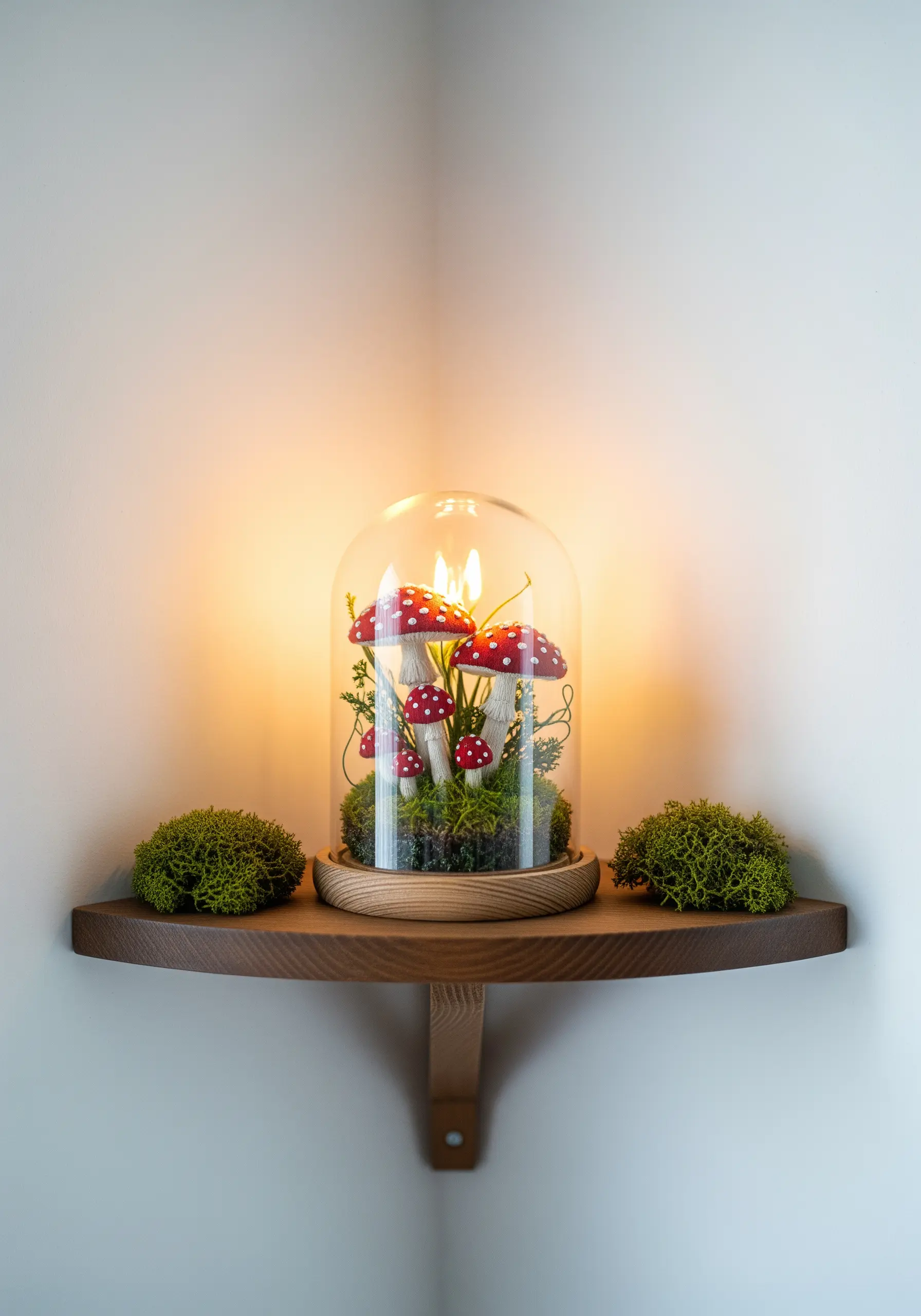 Glass cloche containing embroidered red and white mushrooms on moss