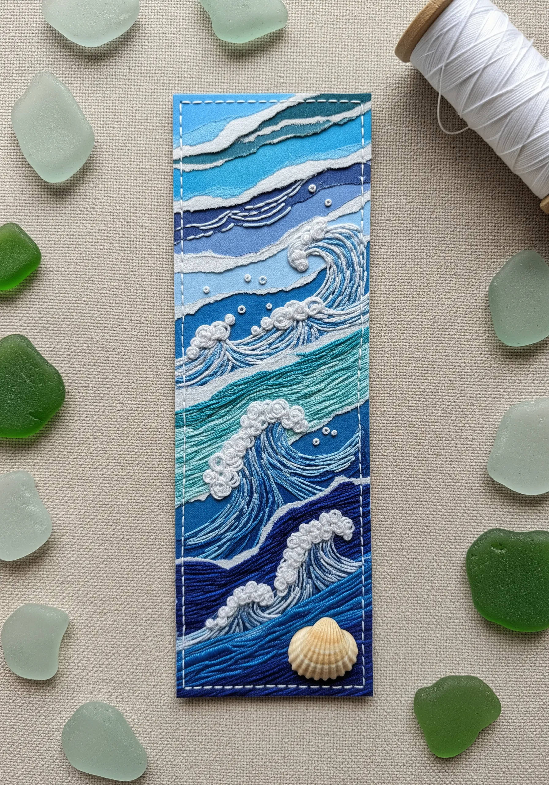 Layered paper and thread painting create textured ocean waves, with French knot seafoam.