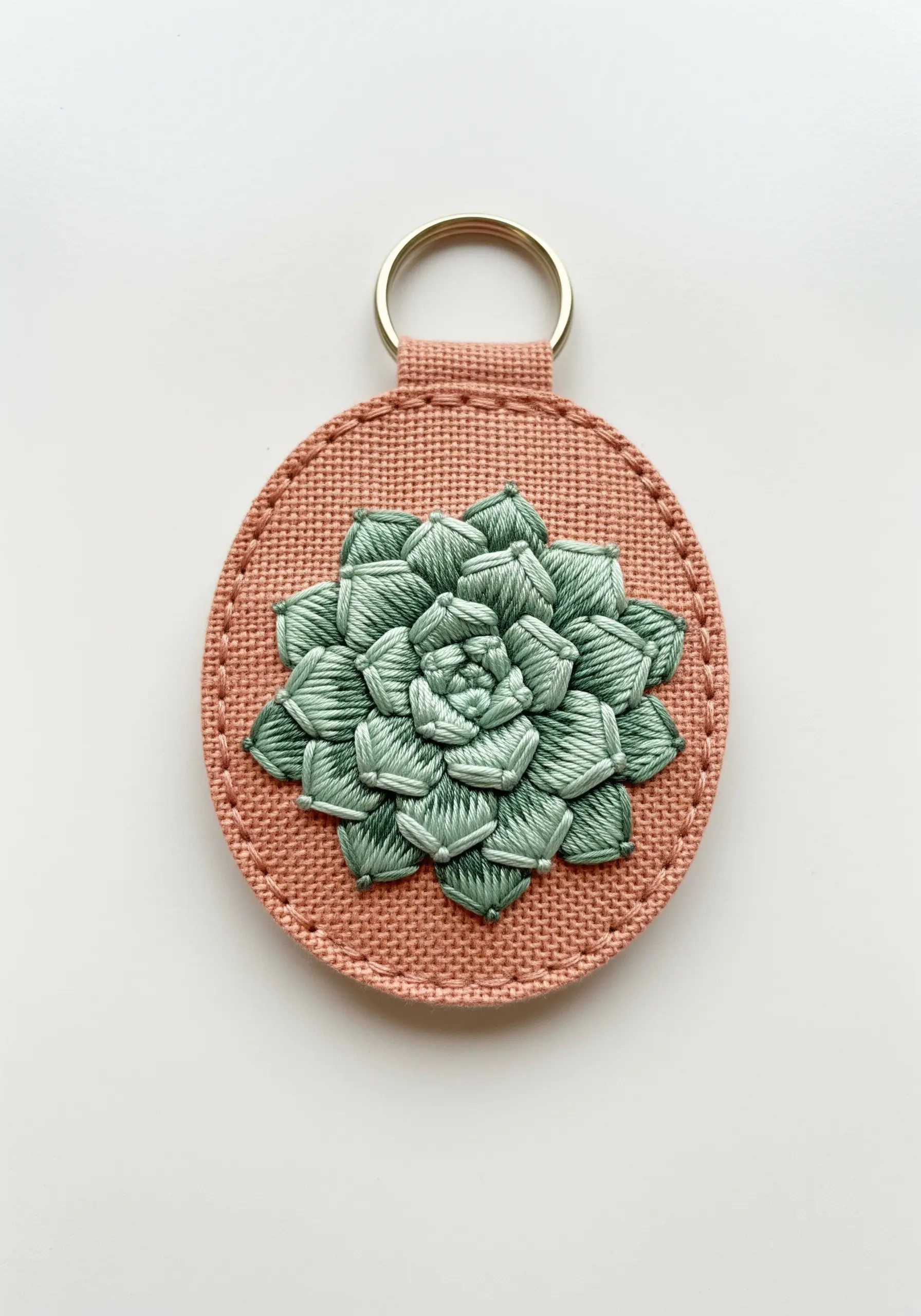 A 3D embroidered succulent with layered green petals on a pink keychain